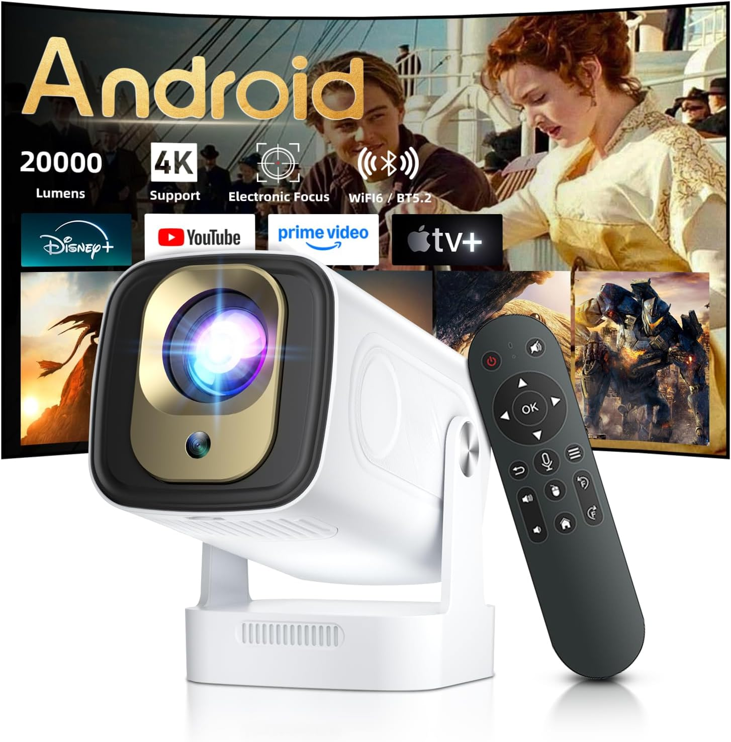 Mini Projector 4K,1080P Full HD,20000LM Brightness,Auto Focus/Keystone,250''Big Screen,Built-In Apps,5G Wifi 6 Bluetooth 5.4,Short Throw Portable Projector for Bedroom/Outdoor/Phone image number 3