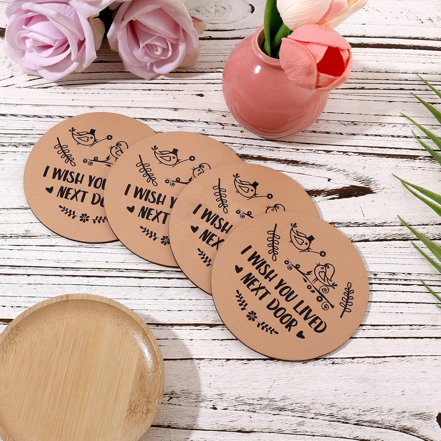 4Pcs Wooden Coasters, 10Cm round Coasters I Wish You Lived Next Door Gifts for Kinds of Cups Coffee Table Bar Home Office image number 3