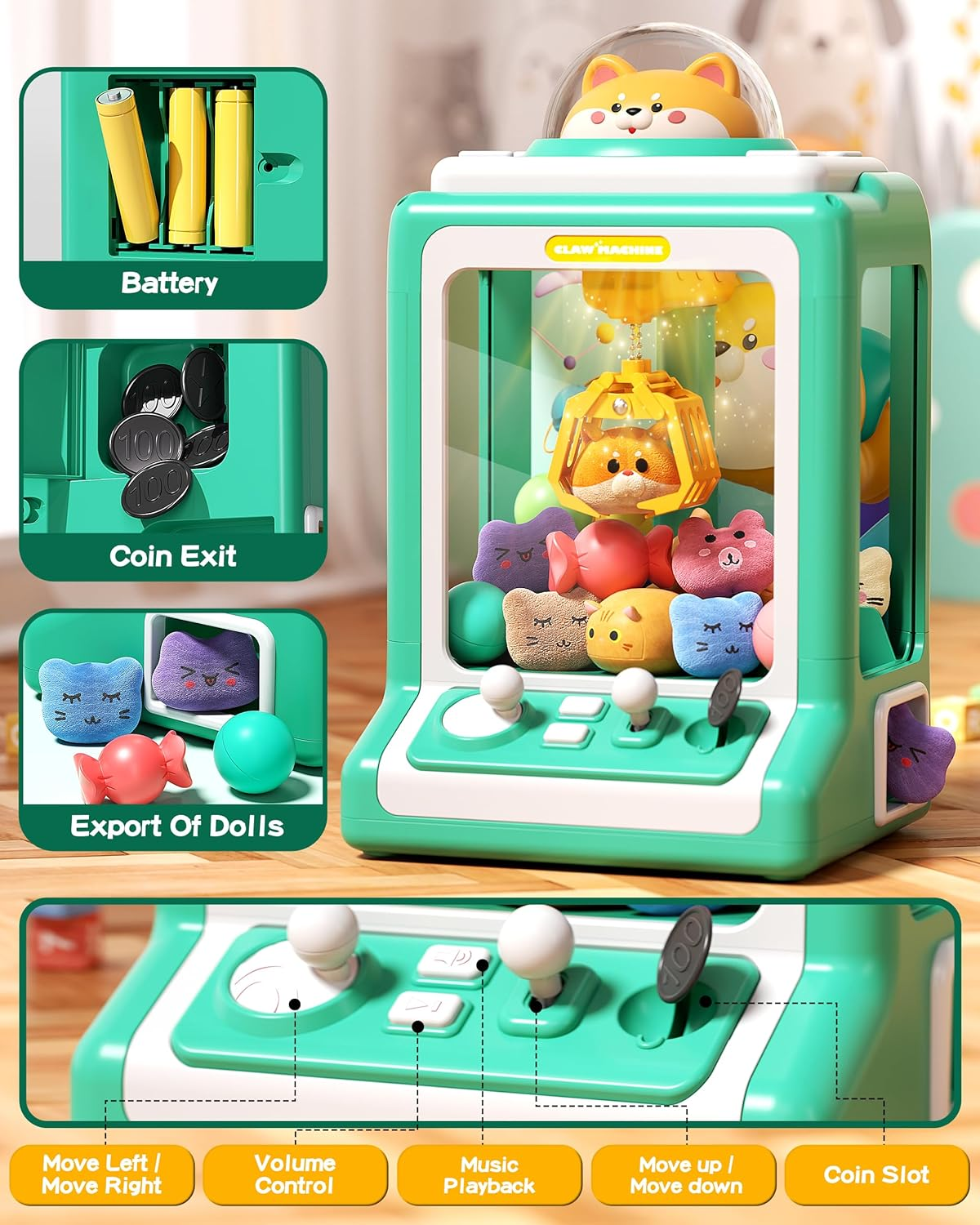 Claw Machine for Kids, Mini Vending Machine with Game Coins & Music, Prize Dispenser Toys for Girls and Boys, Electronic Claw Game Machine for Party Birthdays, Includes 30 Mini Toys (Doggy Green) image number 1