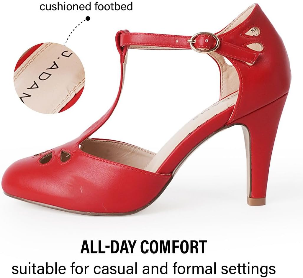 J. Adams Mary Jane Pumps - Vintage Tear Drop Cutout Low Kitten Heels - Retro round Toe Adjustable Ankle T Strap - Pepper By image number 5