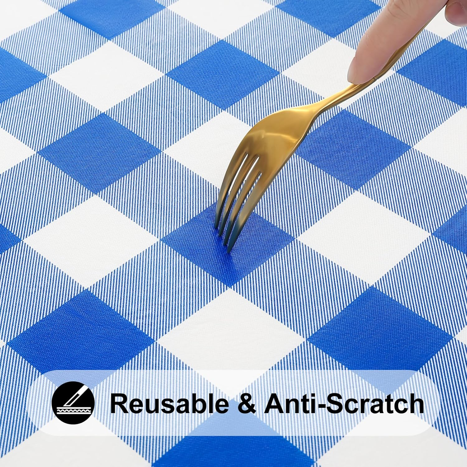 Smiry round Picnic Table Cloth, Elastic Waterproof Fitted Vinyl Tablecloth for 36"-44" Tables, Flannel Backed Buffalo Plaid Table Covers for Dining, Camping, Outdoor, White and Blue image number 4