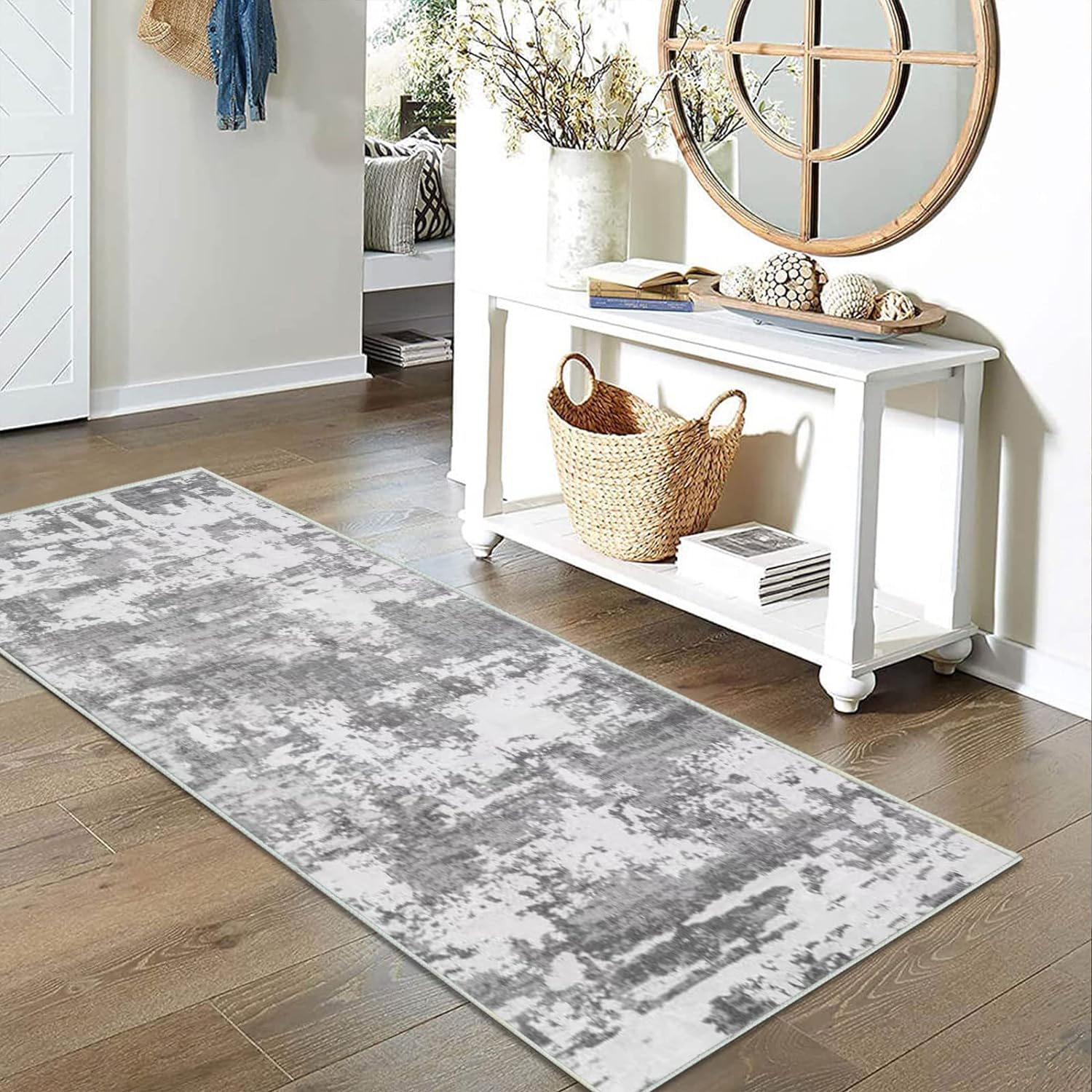 Hallway Runner Non-Slip Carpet Runner for Hallways, Kitchen & Living Room Washable Lightweight (Cream/Blue, 60 X 180 Cm)