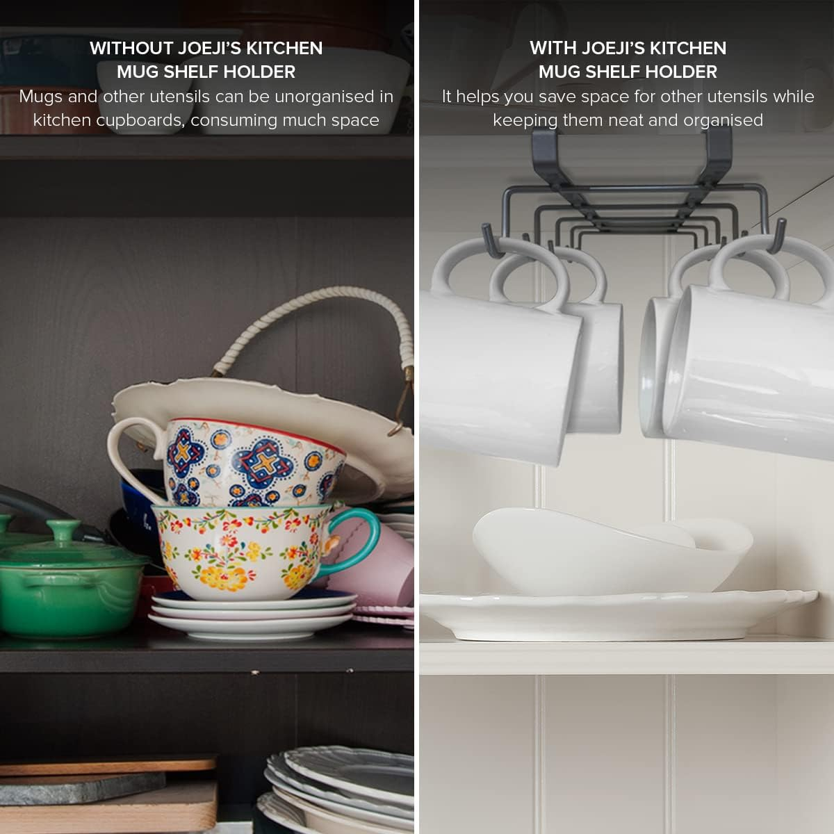 Joeji'S Kitchen Mug Holder & Cupboard Organiser | Silver Kitchen Cupboard Storage Organiser Ideal as Cup Holder or Mug Rack | Iron Wire Cupboard Shelf Organiser with Mug Hooks under Shelf image number 2