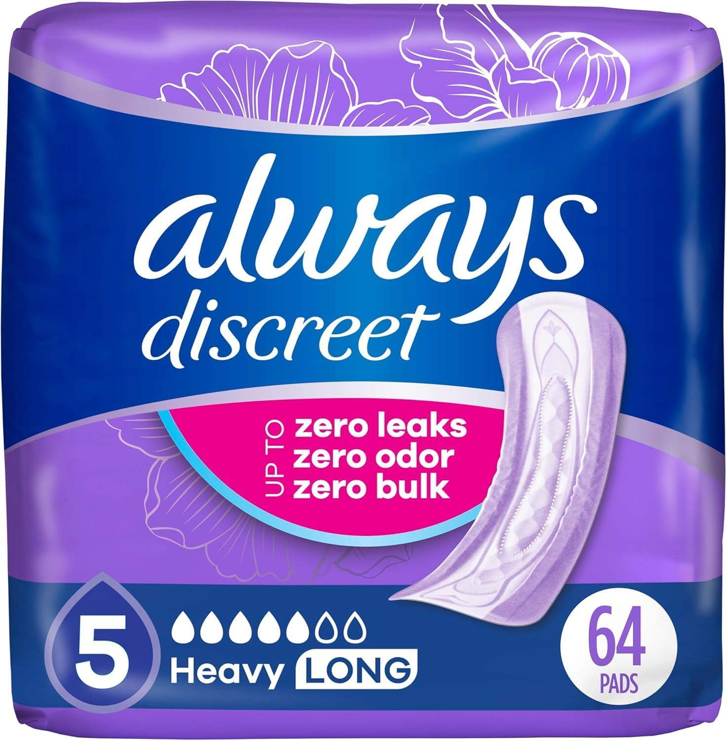 Always Discreet Adult Incontinence Pads for Women, Heavy Absorbency, Long Length, Postpartum Pads, 64 CT image number 3