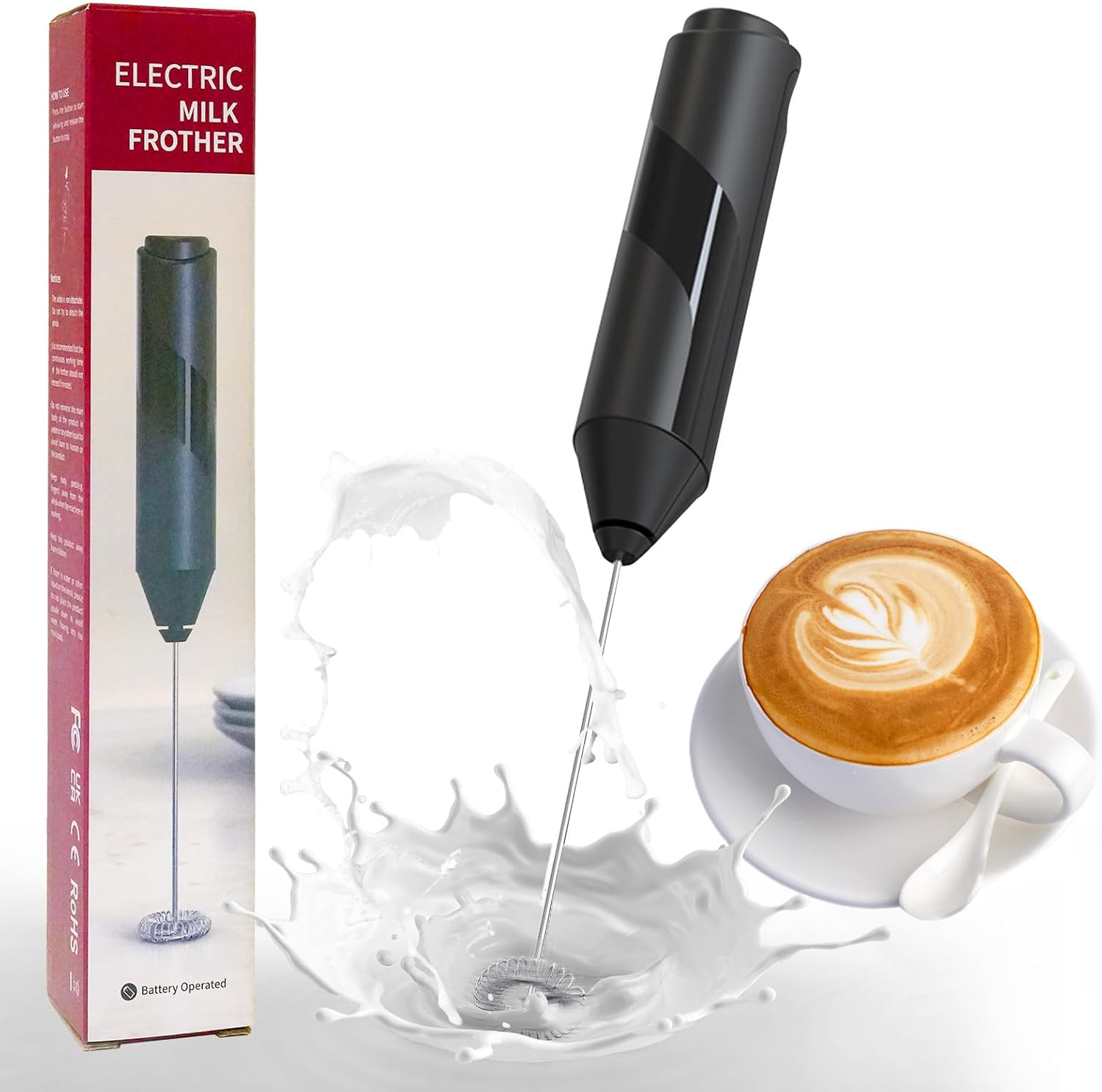 YARRAMATE Milk Frother Handheld, Fast Battery Operated Electric Whisk, Hand Held Milk Frother, Coffee Frother Maker for Lattes, Cappuccino, Matcha, Hot Chocolate (Black)