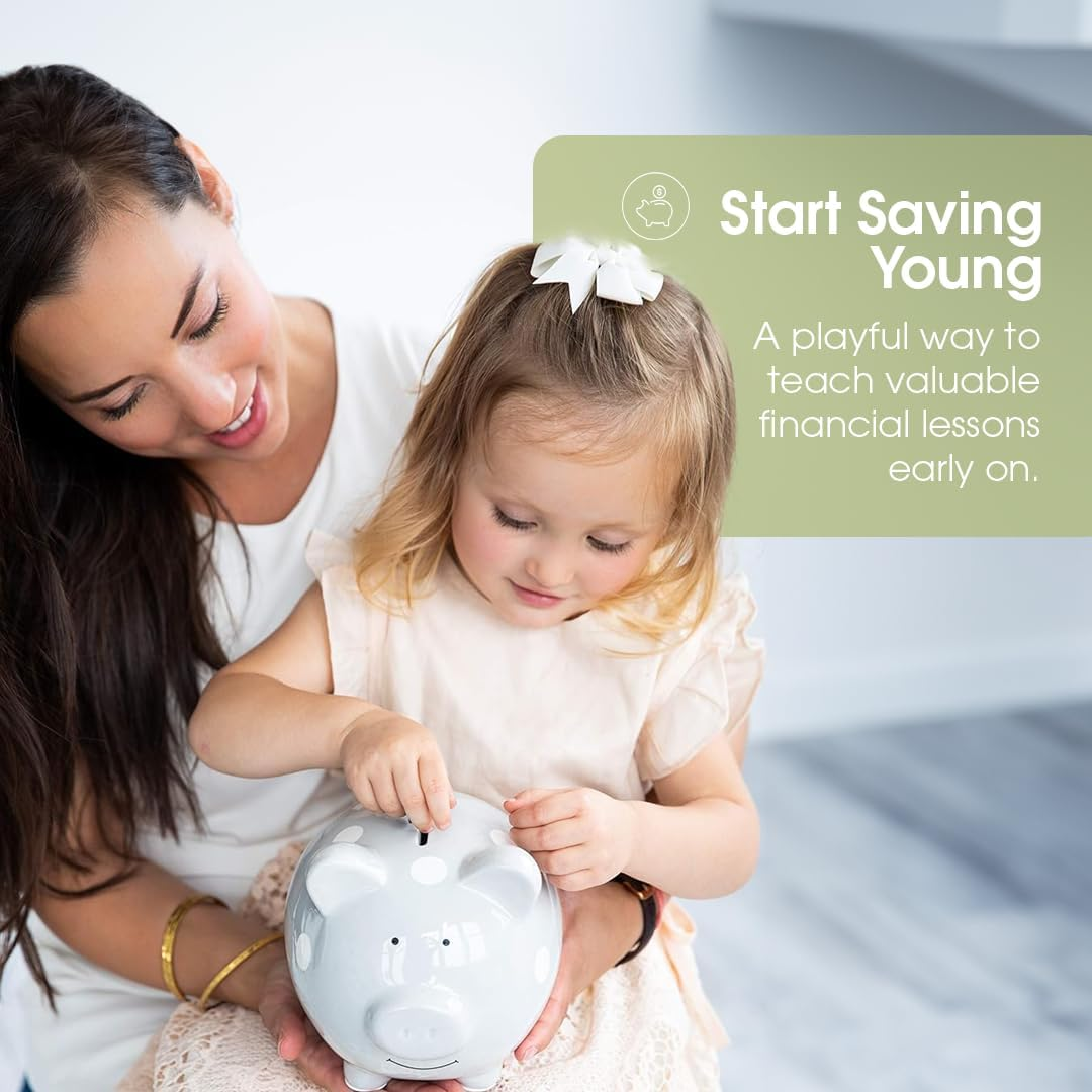 Pearhead Ceramic Piggy Bank, Gender Neutral Nursery D&eacute;cor, Baby Girl and Baby Girl Gift, Gray with White Polka Dots