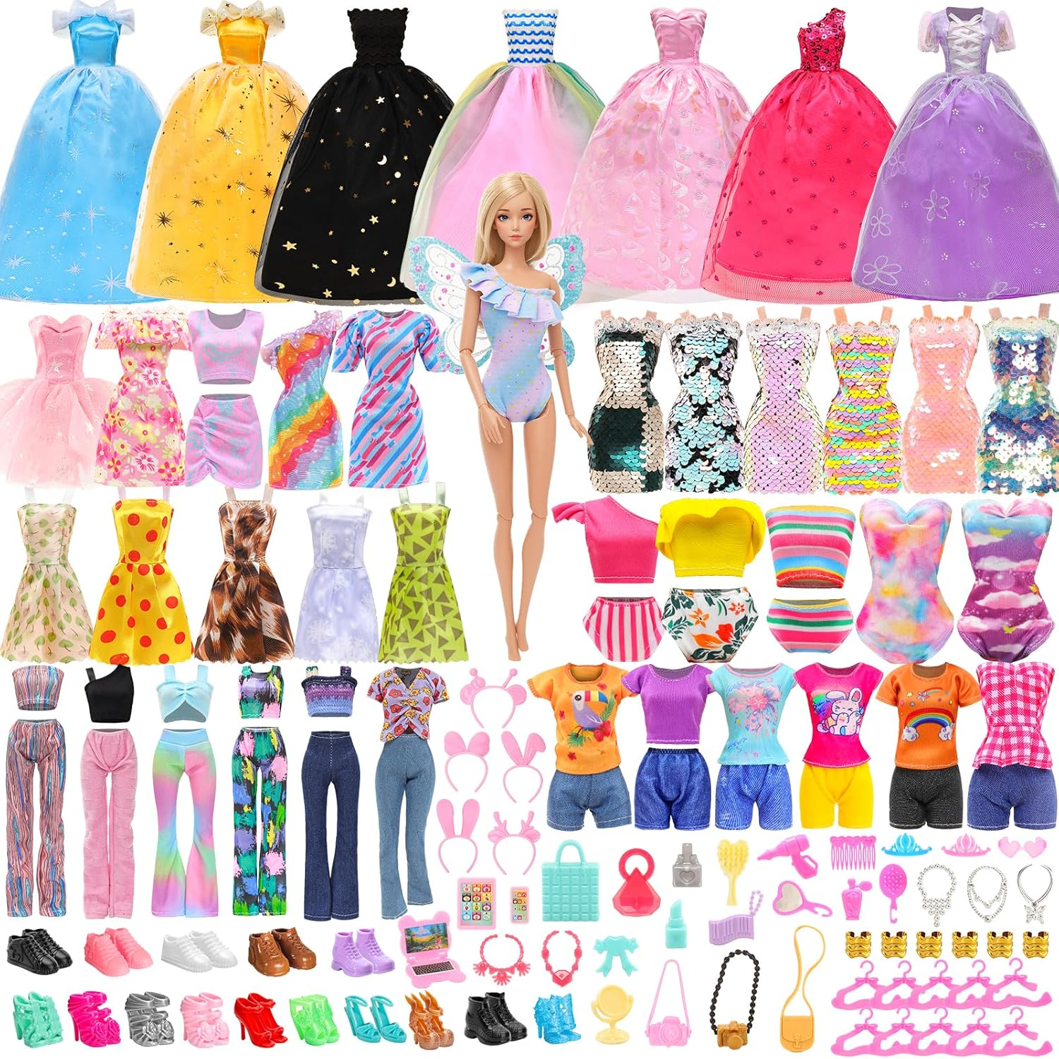 Bartoies Fun 85 Pcs Doll Accessories: 12 Fashion Dresses 3 Party Gowns 4 Outfits 3 Swimsuits Bikini with 63 Accessories for 11.5 Inch Dolls(No Doll) image number 3