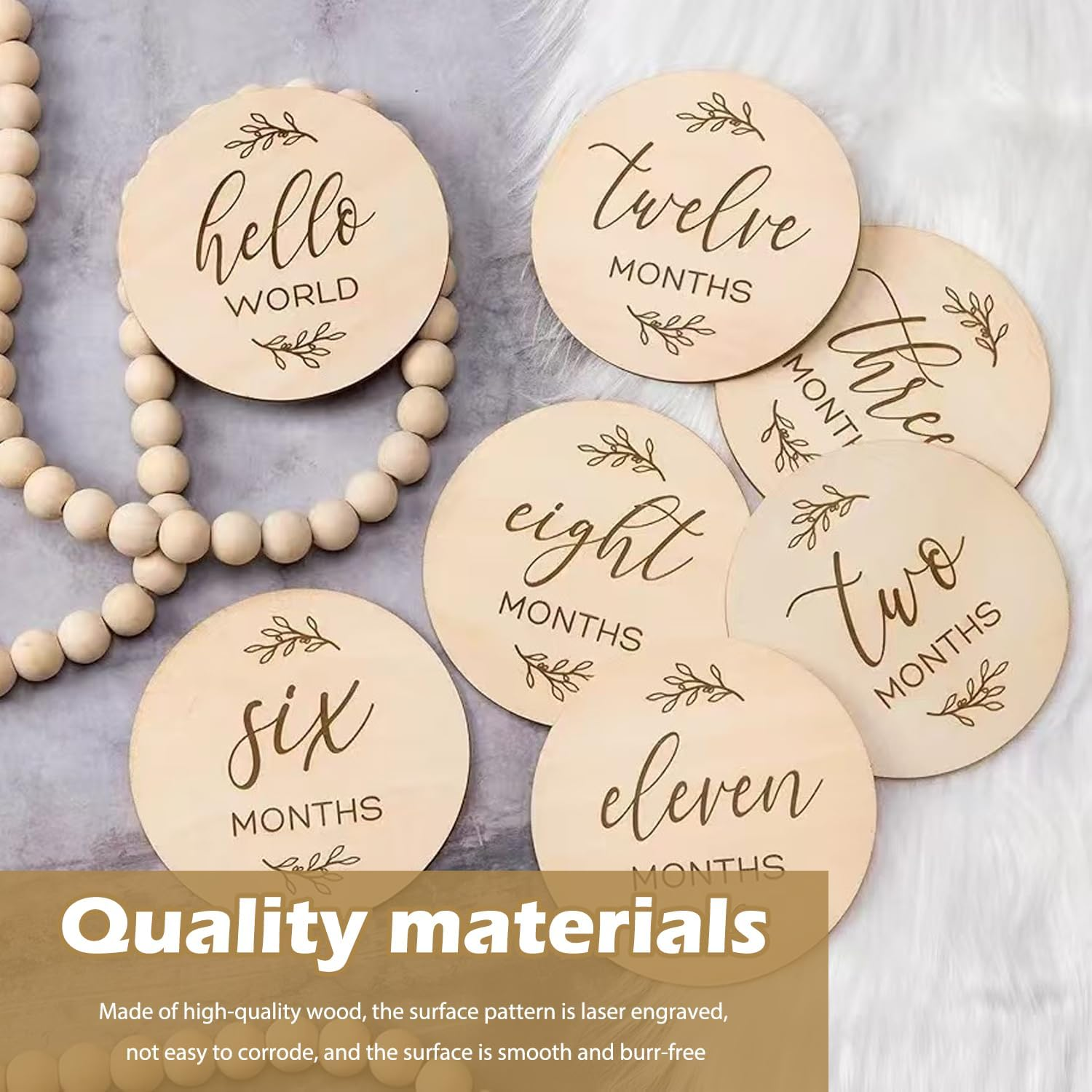 7 Pcs Baby Milestone Cards, Wooden Milestone Baby Cards, Double-Sided Wooden Monthly Newborn Welcome Signs, 10Cm round Month Baby Milestone Signs for New Parents Gift Set (Minimalism Theme) image number 5