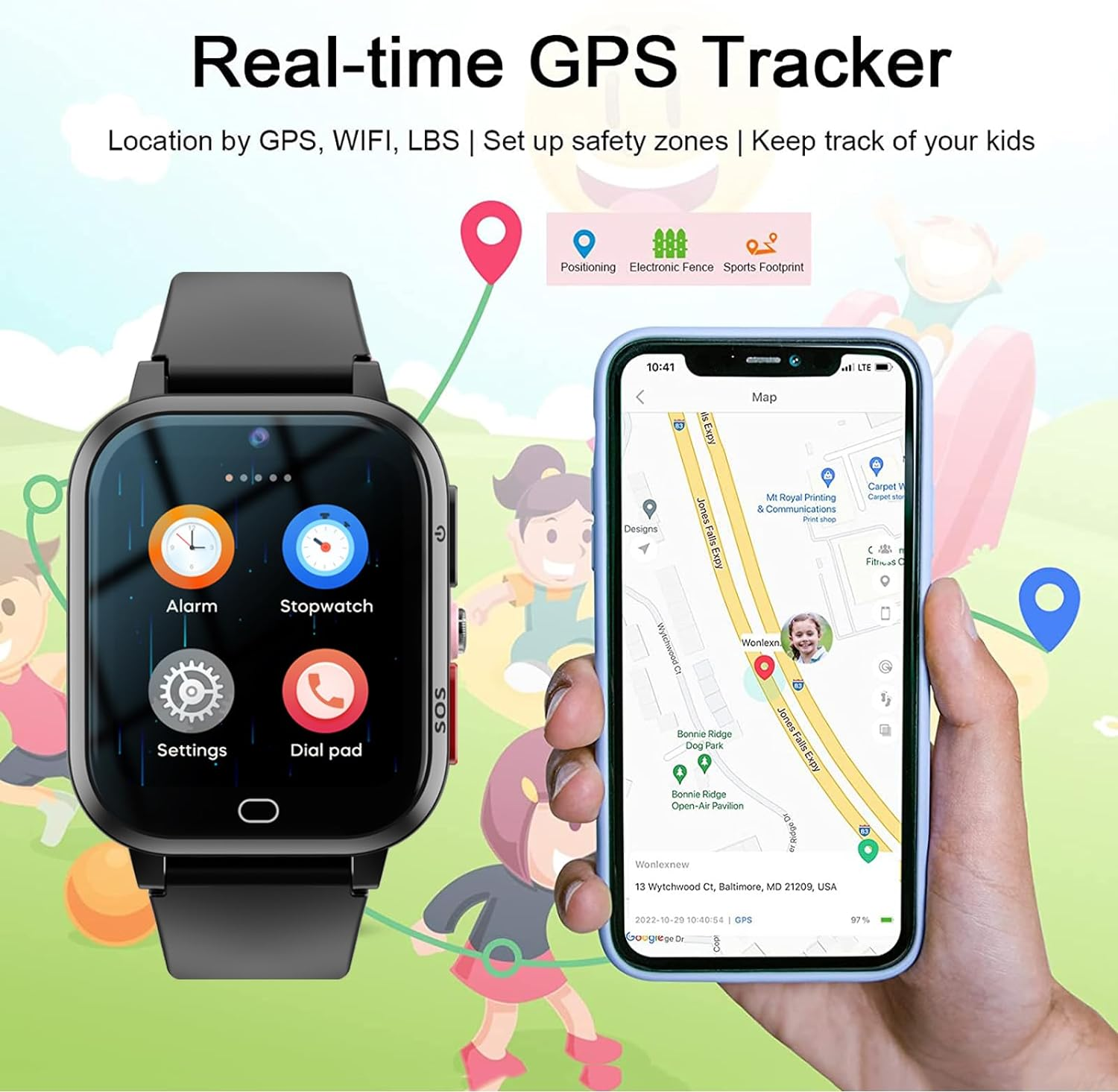 Kids 4G GPS Smart Watch Calling Whatsapp Line Facebook Worldwide Tracker Real-Time Tracking Phone Video Voice Message Chat SOS Alarm Geo-Fence Pedometer Anti-Lost for 3-15 Boys Girls Elderly Gift - Black image number 3