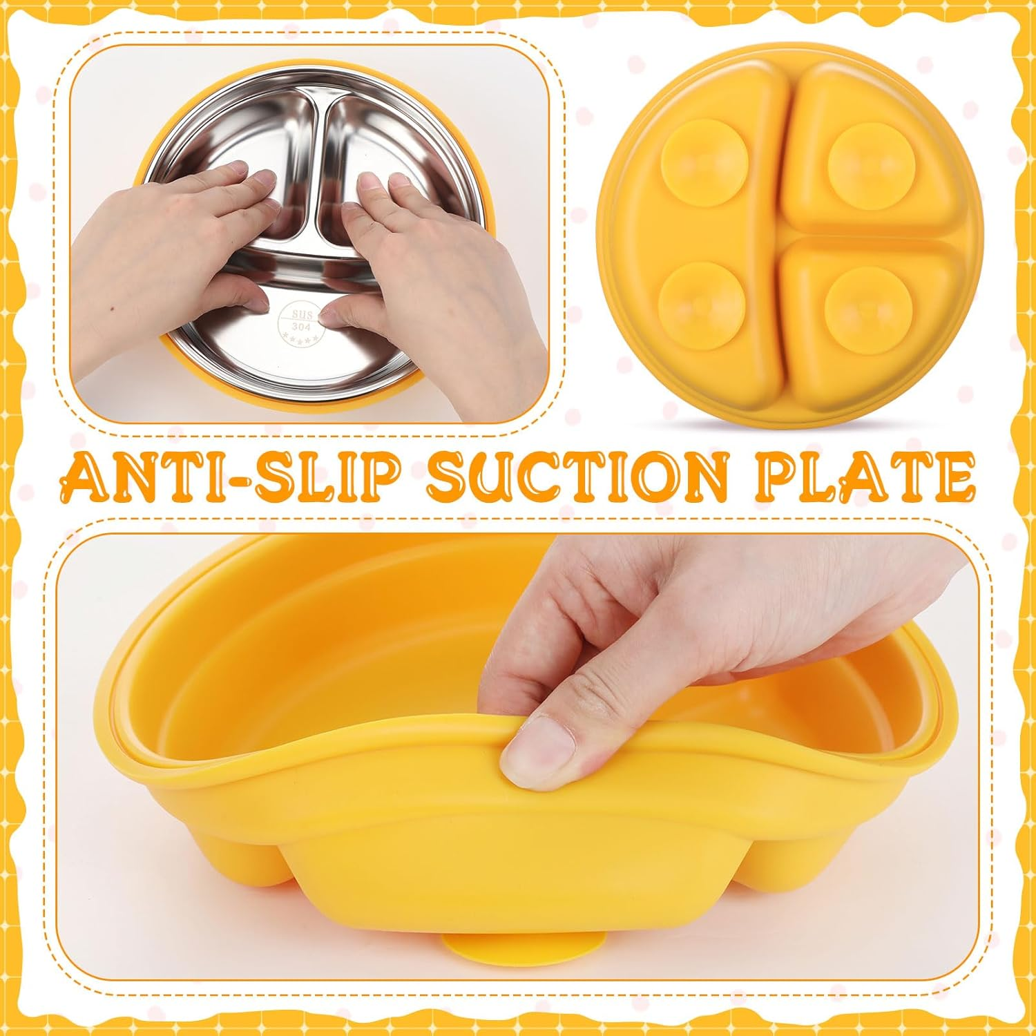 Nuogo 6 Pcs 304 Stainless Steel Kids Plates and Bowls Set Stainless Steel Suction Bowls and Toddler Cup with Removable Silicone, Forks Spoons Pocket Bib for Baby Toddle(Yellow,Round) - Pink image number 6