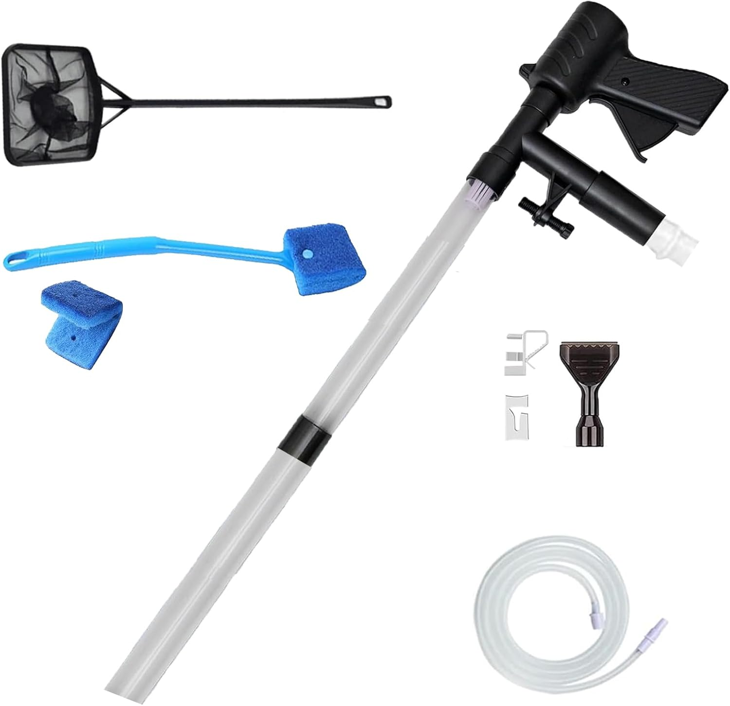 Fish Tank Vacuum Gravel Cleaner,Aquarium Water Changer with Air Push Button,Fish Tank Cleaner Kit with Sponge Brush Algae Scraper,Fish Net Use for Fish Tank Cleaning Gravel and Sand image number 1