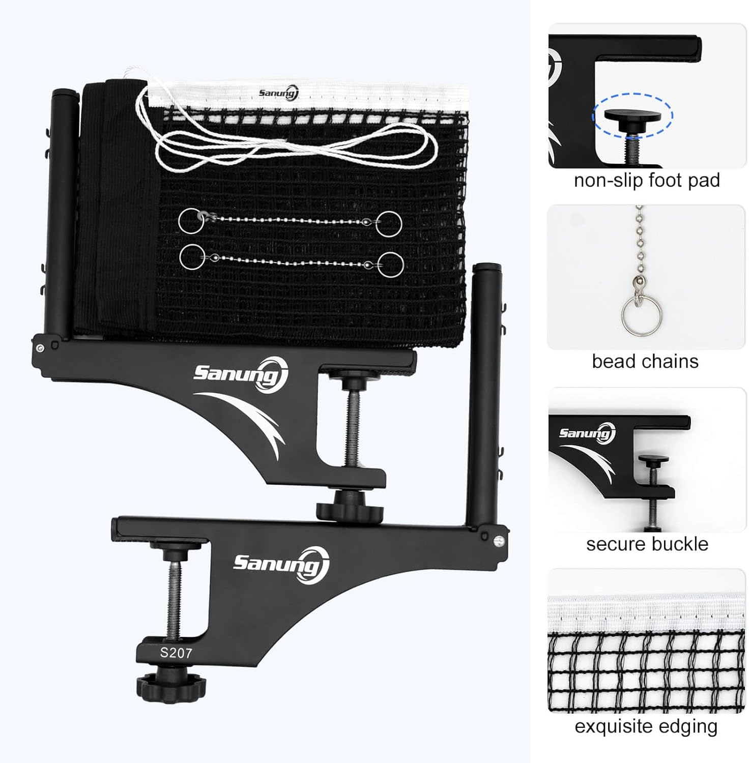 Sanung S207 Table Tennis Net and Post Set, Collapsible Ping Pong Mesh Net Clip with High Strength Grip Holder Adjustable Screw Clamp Post Kit for Professional Training Competition Game Playing image number 5