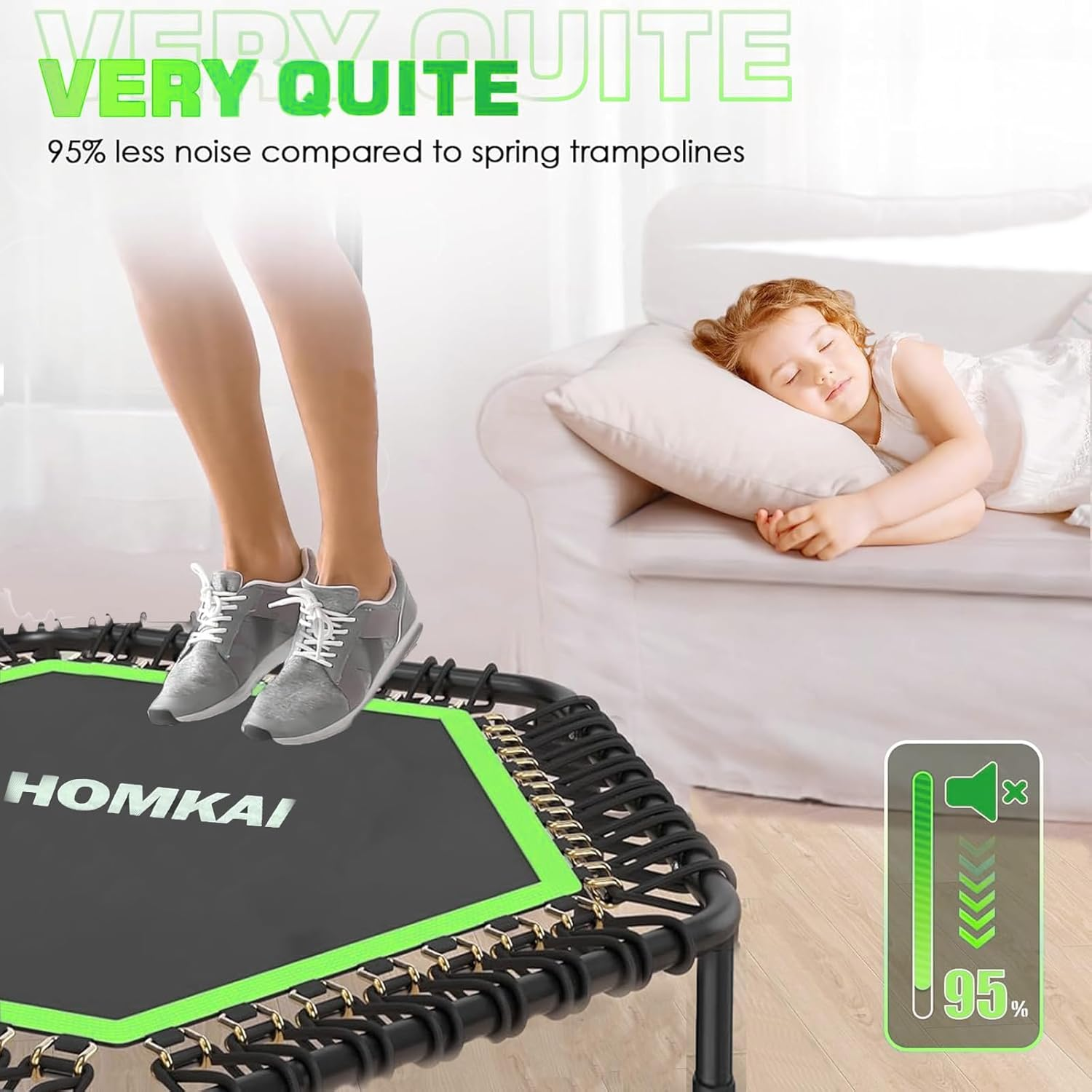 HOMKAI 51" Foldable Mini Trampoline Rebounder, Fitness Trampolines, T Shape Adjustable Foam Handle, Stable & Quiet Exercise Rebounder for Kids Adults Indoor Outdoor Workout