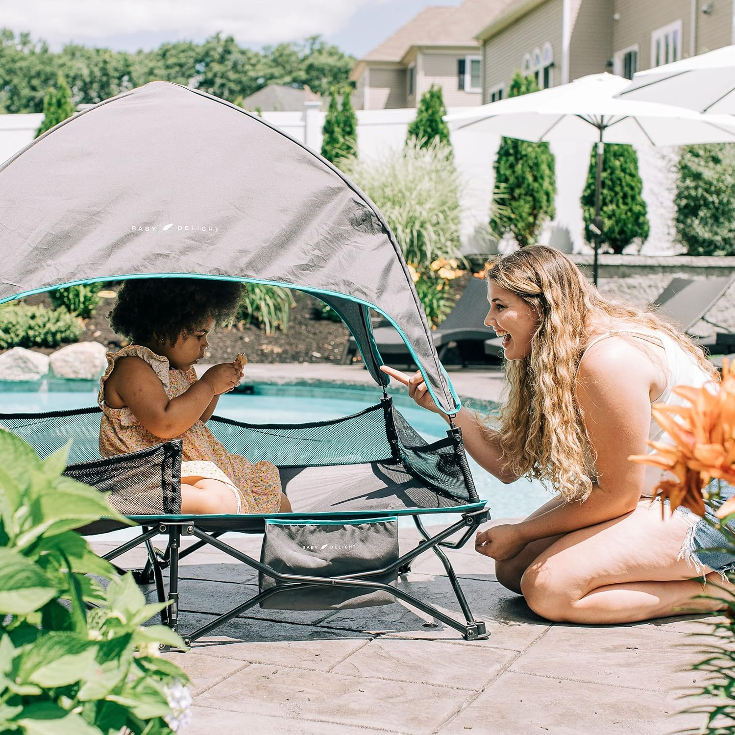 Baby Delight Go with Me Bungalow Deluxe Portable Cot, Toddler Travel Bed, Indoor and Outdoor, Sun Canopy, Grey & Teal image number 1