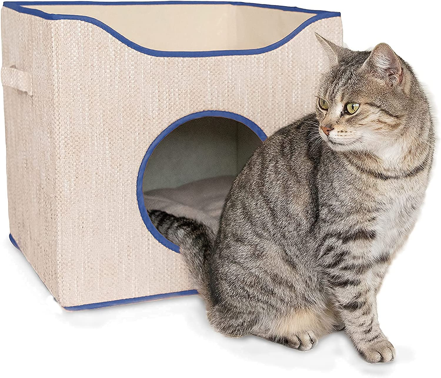 Cat Cube Pet Bed Indoor House for Cats Small Dogs Flatpack Easy to Assemble Has a Dark Blue Trim 2 Soft Toys Included a Mouse and Ball from Paton Pets Australia image number 4