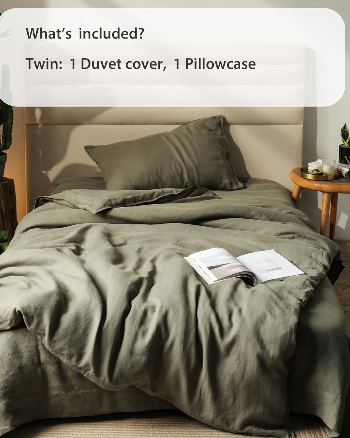XZ XIFA Olive Green Linen Duvet Cover Twin, 100% Washed French Flax Linen Bedding Set with Zipper Closure, Cooling & Textured Bed Sets for Hot Sleepers(1 Duvet Cover, 1 Pillowcases) image number 4