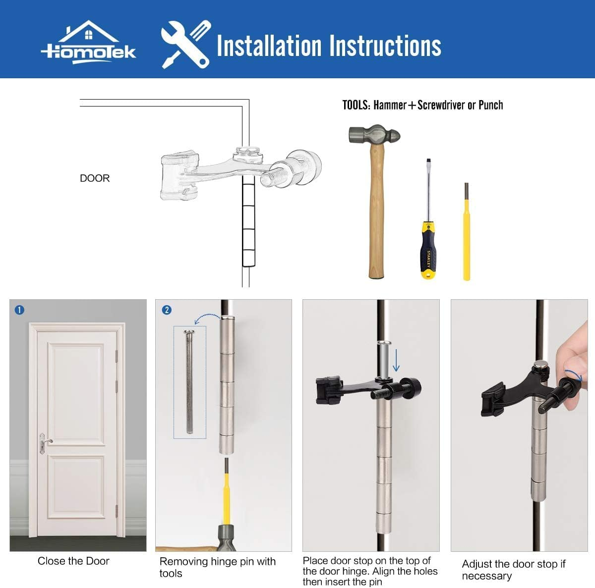 HOMOTEK 4 Pack Hinge Pin Antique Brass Door Stopper, Adjustable Deluxe Heavy Duty Door Stopper 2-1/2"X1-3/4&rdquo;, with Black Rubber Bumper Tips image number 4