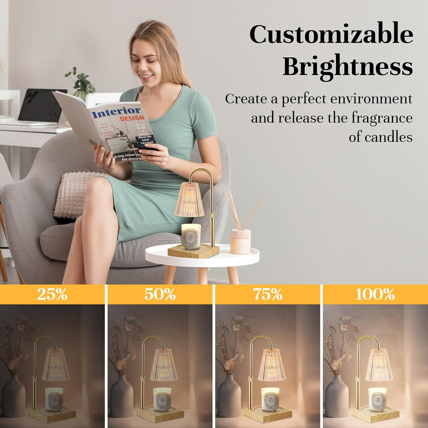 Candle Warmer Lamp with Timer, Adjustable Height Wax Warmer, Candle Lamp Warmer for Scented Wax for Home Decor Birthday Gifts with 2 Bulbs Elliptical Base (Gold-Square, M)