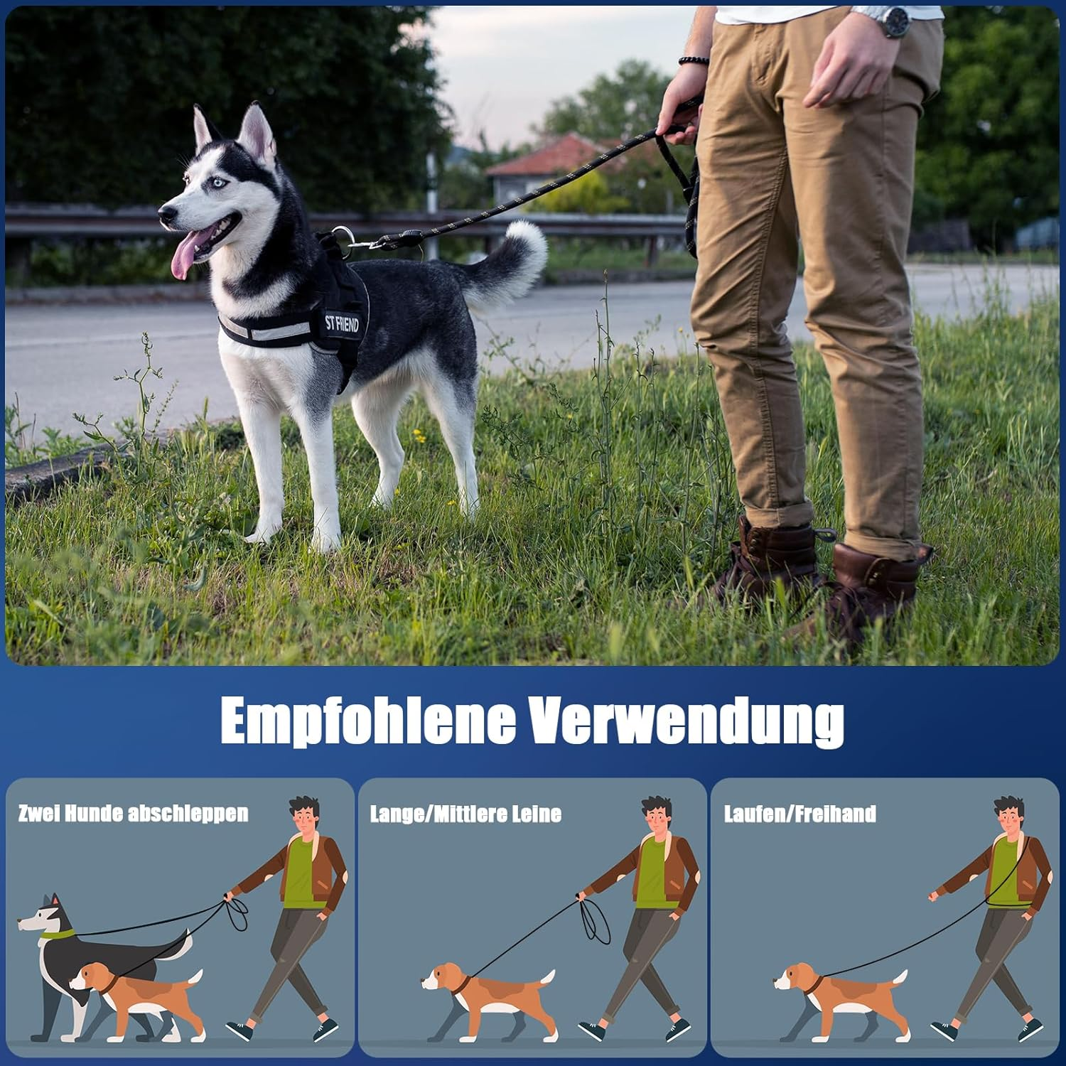 Dog Lead for Large and Medium Dogs, Adjustable Dog Lead 3 M with Reflective Strips, Nylon Double Lead, Thickened Free Leads with 2 Carabiners Thanks to the Extreme Force up to 200 Kg, Black image number 1