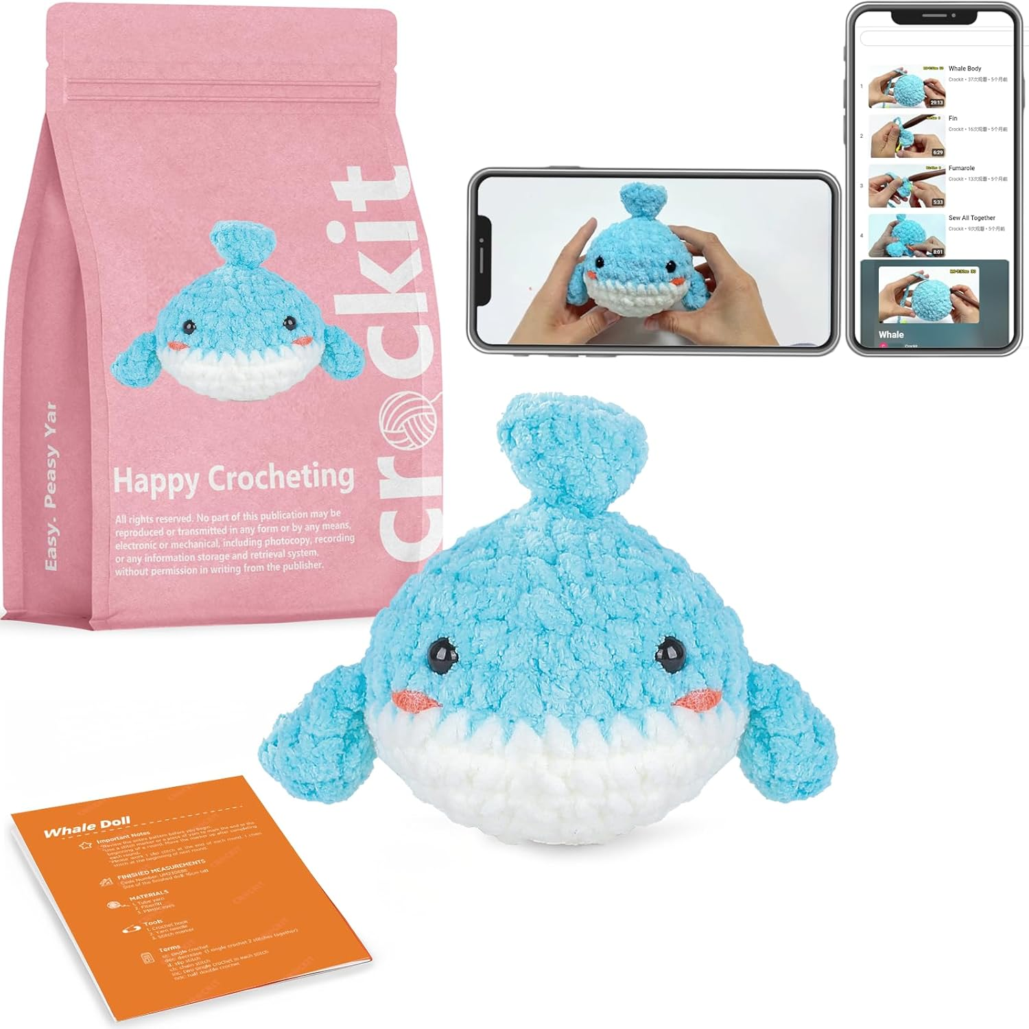 Crochet Kit for Beginners, Beginner Crochet Kit for Adults Kids, DIY Knitting Animal Kit, Amigurumi Crochet Starter Kit with Step-By-Step Video Tutorials（Whale） image number 6
