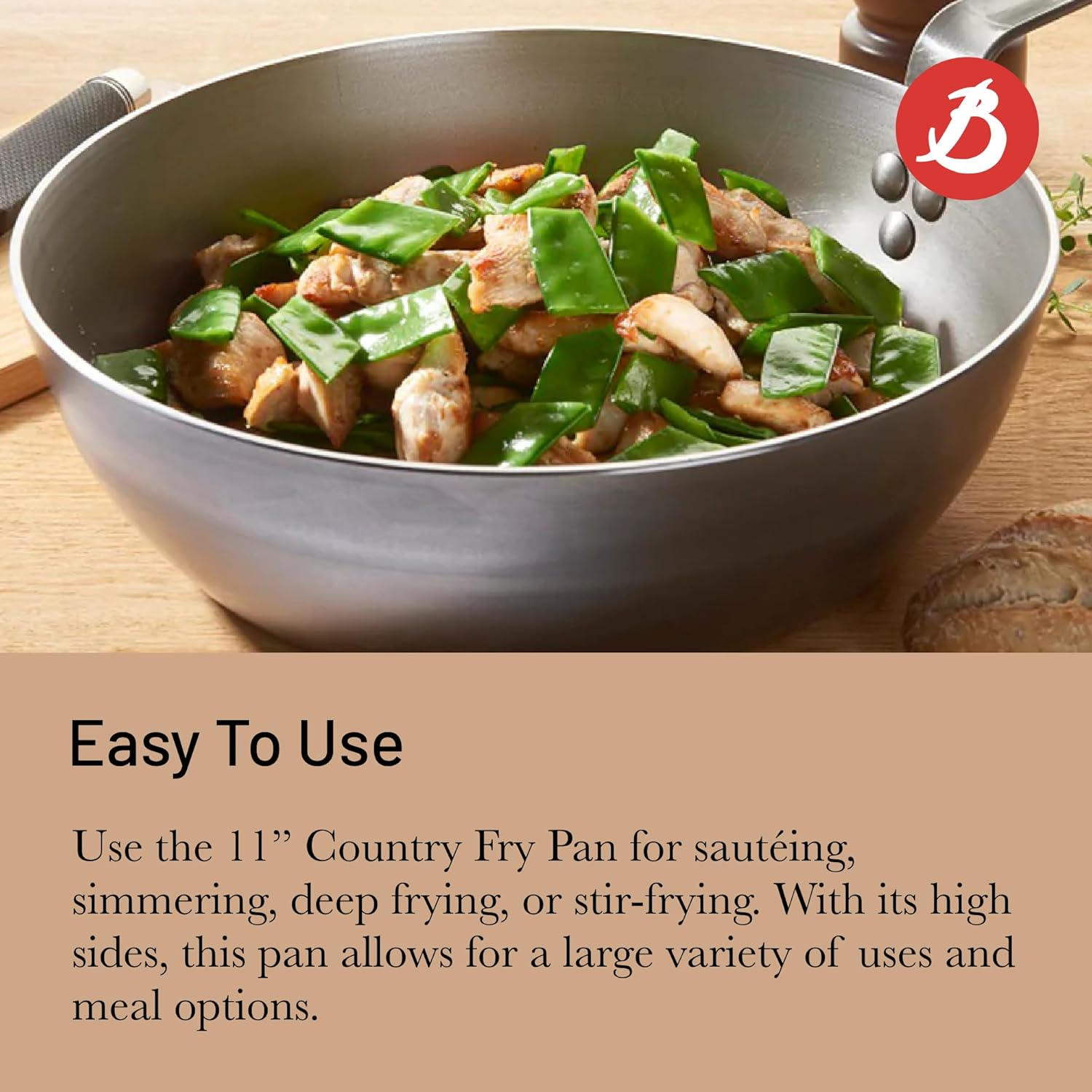 De Buyer Mineral B Carbon Steel Country Fry Pan - 11&rdquo; - Ideal for Sauteing, Simmering, Deep Frying & Stir Frying - Naturally Nonstick - Made in France image number 2