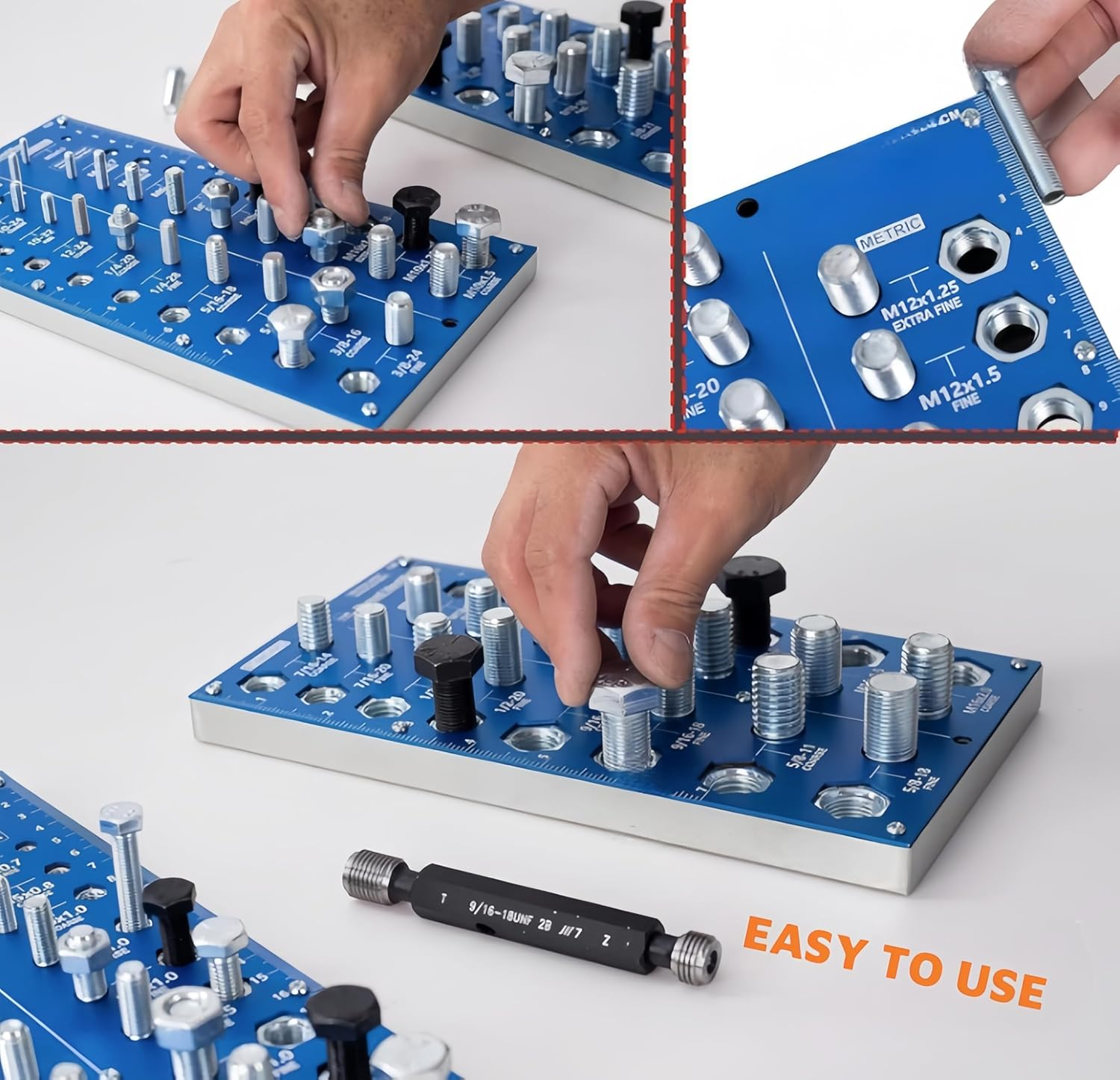 Nut and Bolt Thread Checker, 38 Holes, 17 Metric and 21 Imperial Sizes, 10 Specifications, Bolt Size and Thread Gauge, 2 Pieces