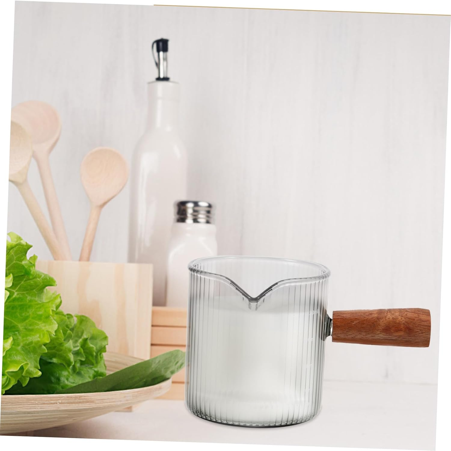 OFFSCH Heat-Resistant Espresso Glass Milk Pourer with Comfortable Wooden Handle Mini Measuring Cup for Coffee Latte Tea and Hot Brewing Easy-Pour Spout for Home and Travel Use image number 2