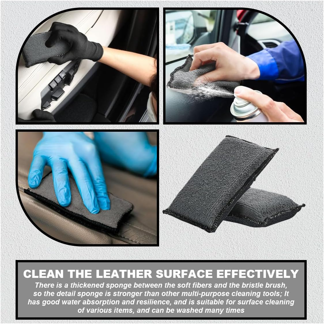 3PCS 5"&times;3" Car Interior Scrubbing Sponges, Microfiber Car Wash Sponges, Auto Detailing Scrub Pads, Interior Cleaning Sponges for Car Leather, Plastic, Vinyl, Upholstery (Gray Black) image number 1