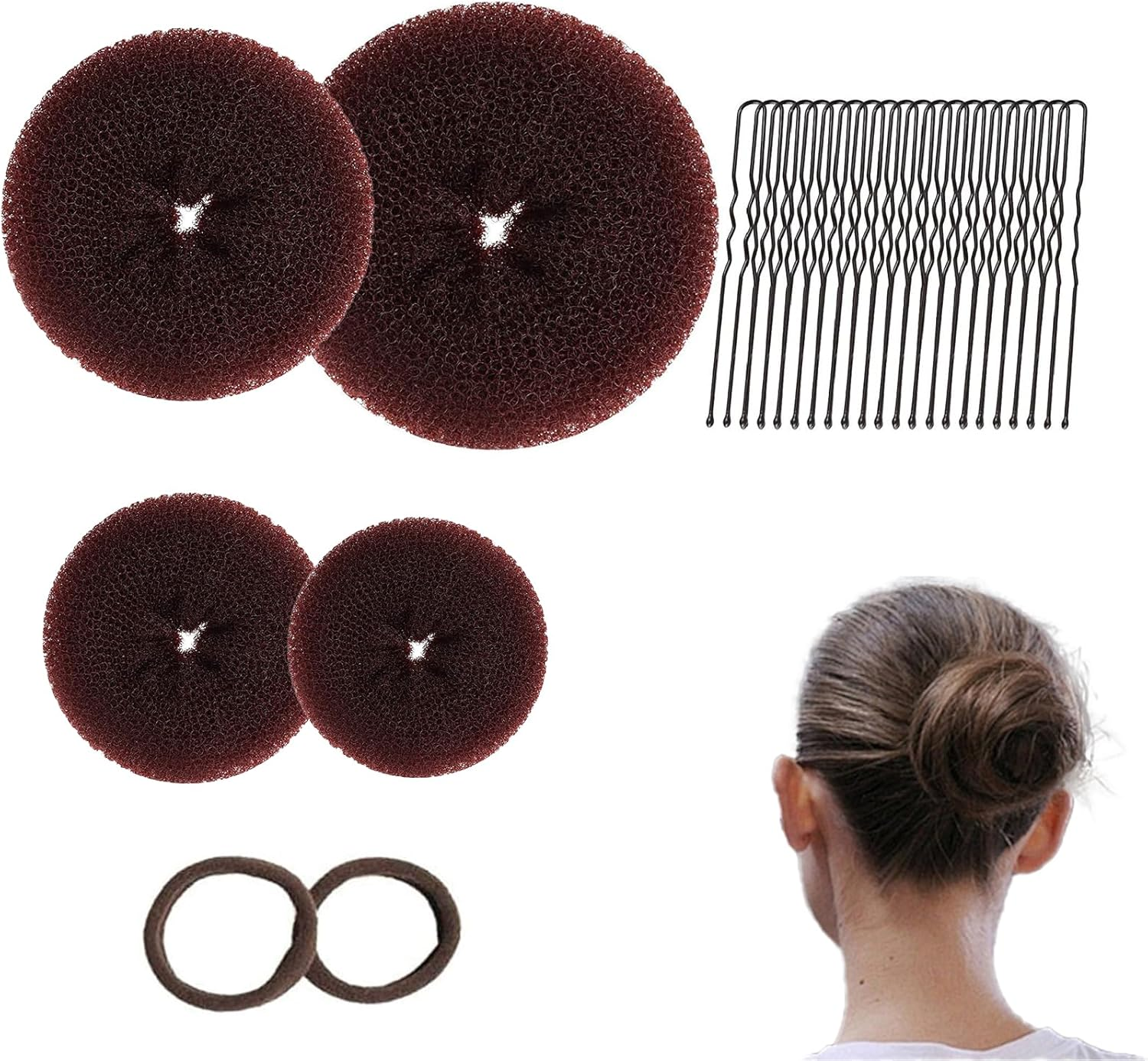 Set of 4 Hair Bun Makers, Hair Bun Maker Set, Hair Bun Maker, Hairstyle Aid Small and Large, Hair Cushion, Hair Donut, Bun Cushion with 2 Hair Bands, 10 U-Shaped Hair Clips, Hair Pin for Children And image number 1