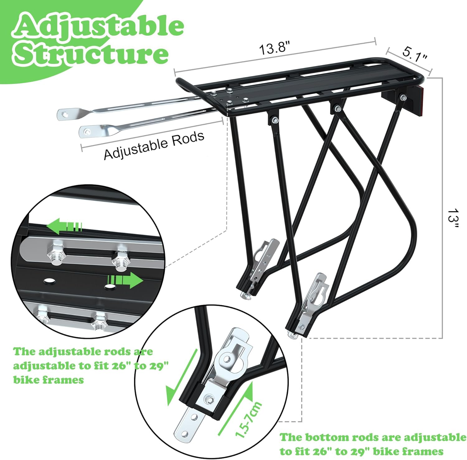 Bike Cargo Rack W/Bungee Cargo Net & Reflective Logo Universal Adjustable Bicycle Rear Luggage Touring Carrier Racks 55Lbs Capacity Quick Release Mountain Road Bike Pannier Rack for 26"-29" Frames image number 1