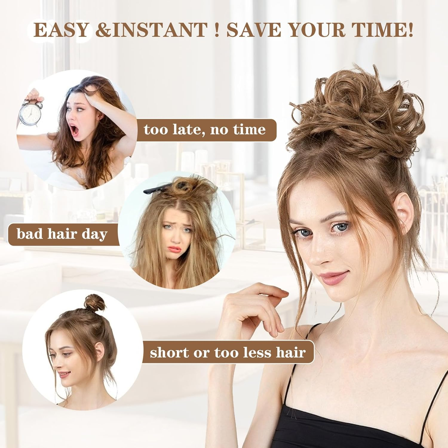 Hair Topper&mdash; Wavy Curly, Elastic, 7.8Inch Diameter&mdash;For Updos,Messy Bun,Ponytails, Daily Looks&mdash;Ideal for Women, Partygoers, Style Lovers (2PCS, Dirty Blonde) image number 4