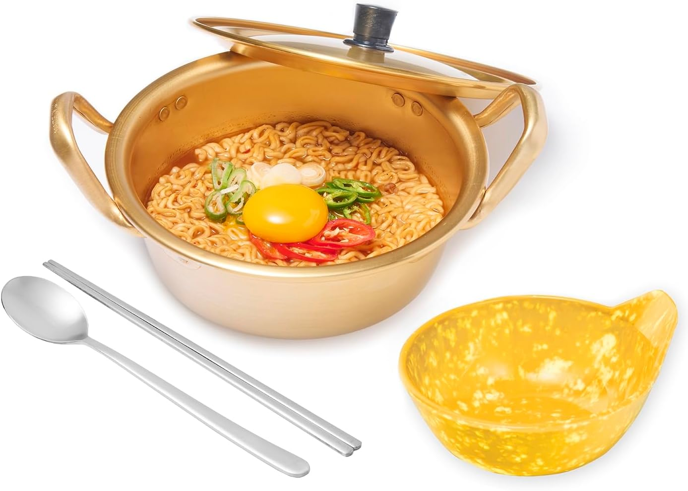 Ramen Pot with Chopsticks, Spoon & Bowl Set | Portable Rapid Ramen Cooker, Easy Cook Pot, Korean Style Egg Cooker, Instant Pot for Quick Noodles, Cooking Pot for Dorm & Travel | Made in Korea | 1Qt image number 2