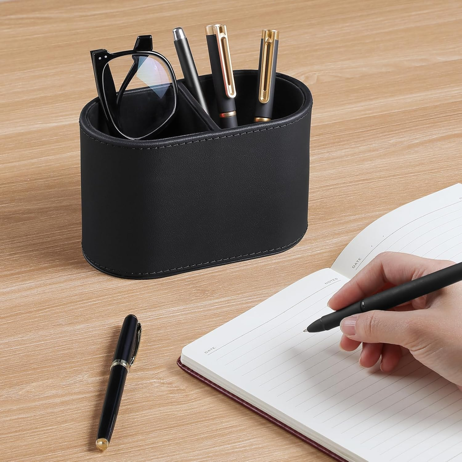 MEIBOOCH PU Leather Pen Holder for Desk, Small Remote Control Holder Pencil Cup Multifunctional Desktop Organizer Caddy for Home School Office Desk Accessories - 2 Compartments (Black) - Black Ribbed Texture image number 7