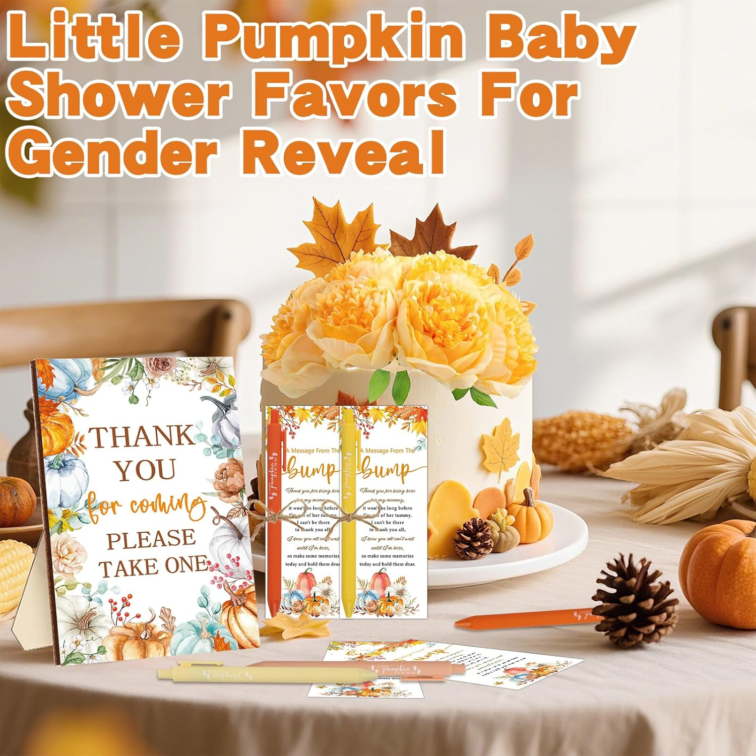 50 Sets Little Pumpkin Baby Shower Favors Baby Shower Pens Gifts Bulk Fall Pumpkin Theme Sign 50 Ballpoint Pens 50 Thank You Cards with Twine for Gender Reveal Party Souvenirs Return Gifts Prizes image number 1