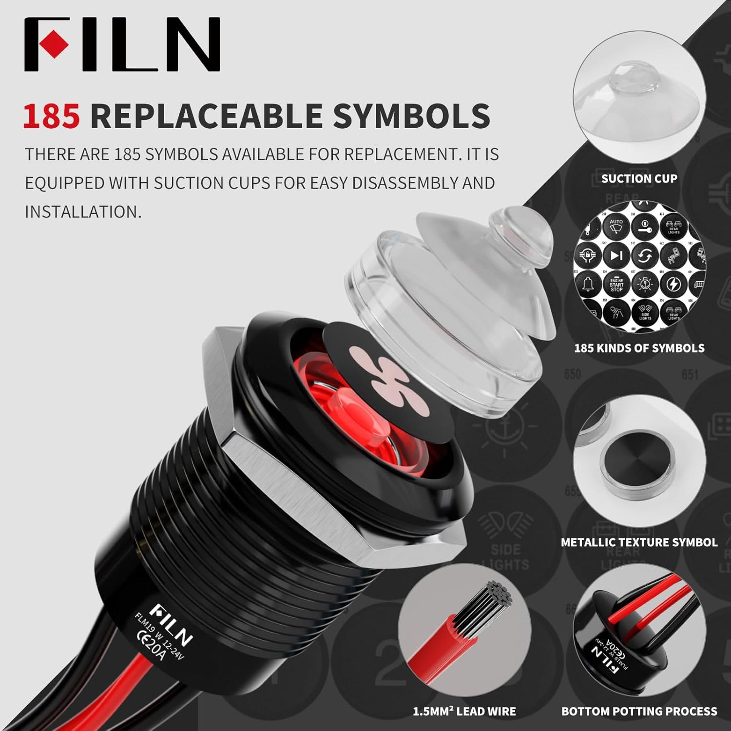 FILN-2PCS Latching Pushbutton Switch Power Includes 180 Replacement Symbols 12V 19Mm Mounting Hole 20A IP67 Waterproof for Cars Boat(Green)