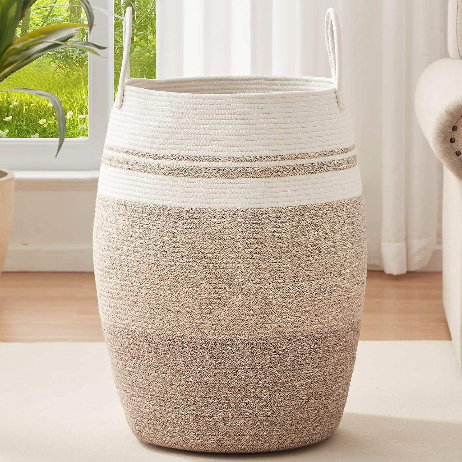 OIAHOMY Laundry Hamper Woven Cotton Rope Large Clothes Hamper 25.6" Height Tall Laundry Basket with Extended Cotton Handles for Storage Clothes Toys in Bedroom, Bathroom, Foldable (Yellow Variegated)