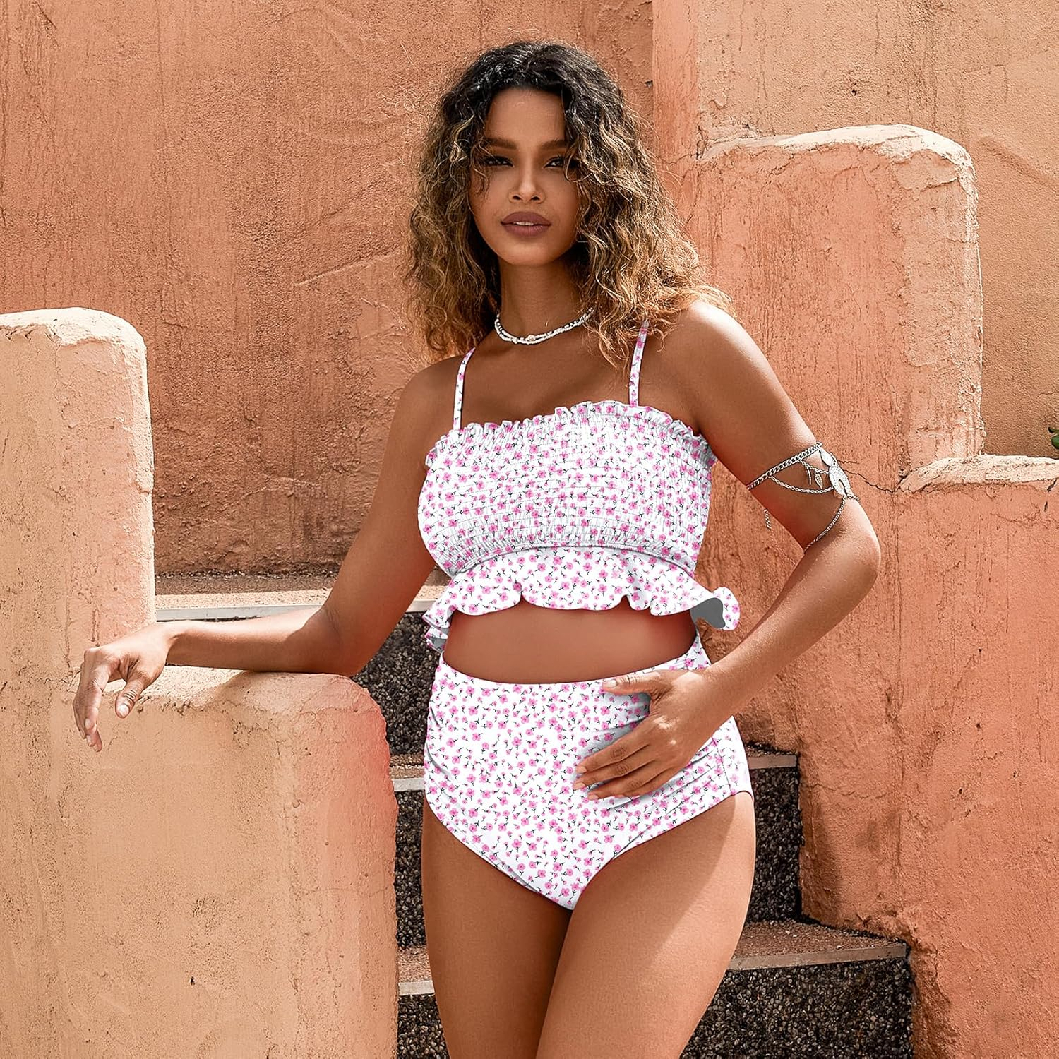 Maternity Swimsuit Two Piece Bikini Bandeau Top Hipster Bottom High Waisted image number 7