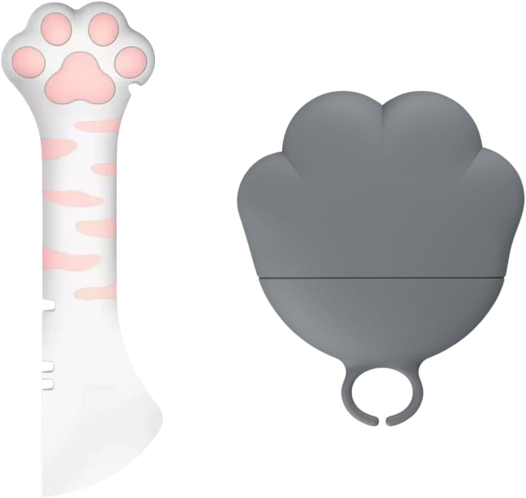 2 Pcs Pet Food Can Lids & One Can Spoon Cute Paw Shape Opener Spatula Cat Wet Food Spoon Silicone Can Covers Pet Food Can Spoon Pet Can Opener Pet Can Food Feeding Tool (Grey+White/Pink) image number 2