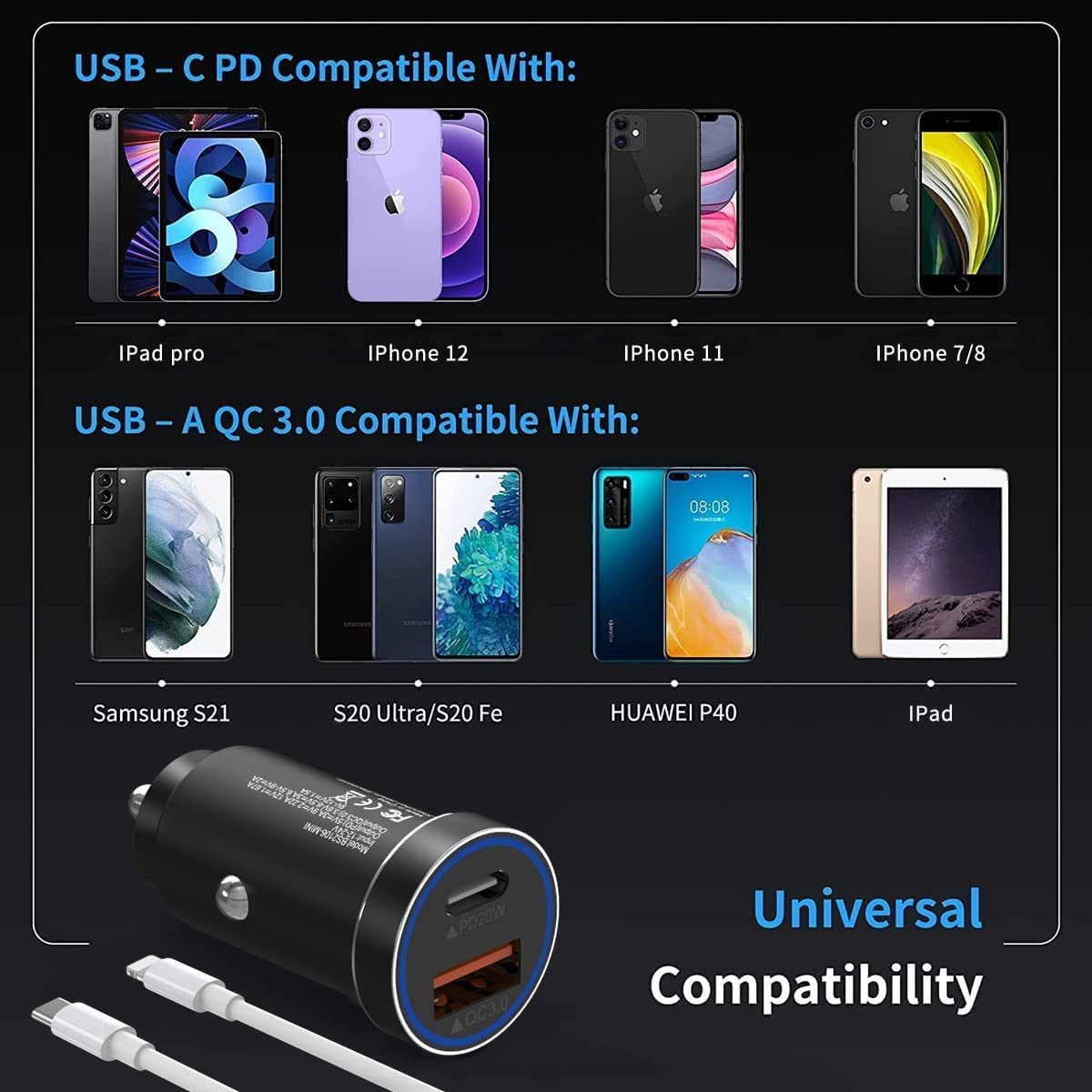 USB C Car Charger, 38W Fast USB Car Charger Adapter PD&QC 3.0 Dual Port for Iphone 13 12 11 Pro Max X XR XS 8, Galaxy Note 20/10 S21/20/10 Google Pixel and More image number 2
