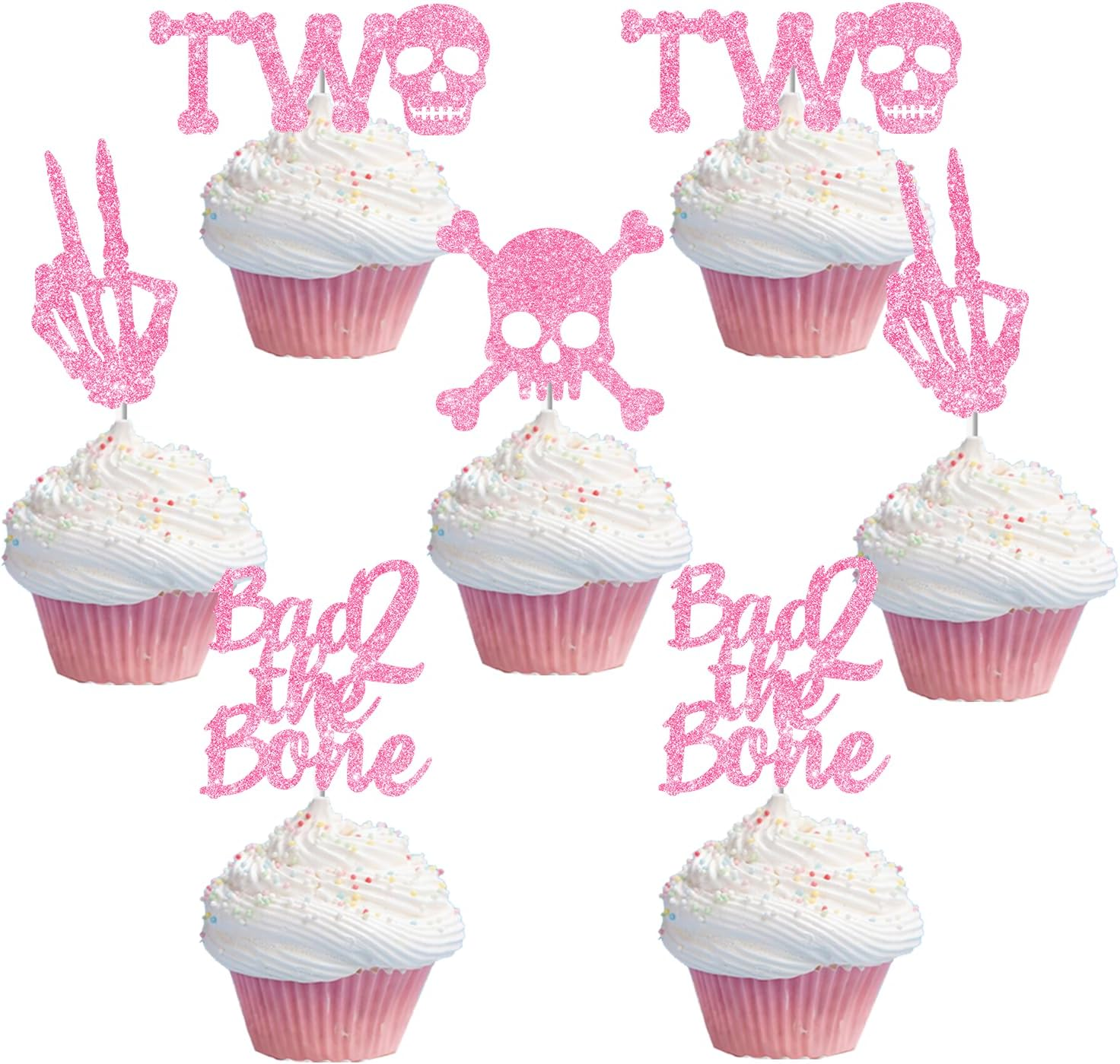 Bad Two the Bone Cake Toppers 36PCS Pink Gold Glitter Rock N Roll 2Nd Cake Toppers Bone Skull Birthday Cake Decorations Rock Music Theme Cake Decorations for Girls 2Nd Bday Party Supplies image number 5