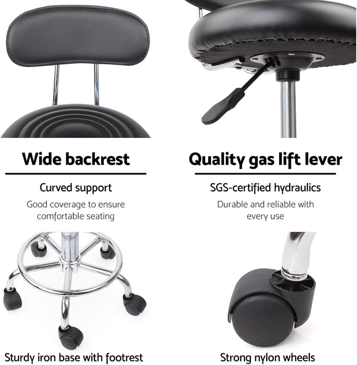 Artiss round PU Salon Stool, Bar Stools Swivel Lounge Drafting Chair Piano Guitar Seat Barber Chairs Outdoor Spa Indoor Home Office Kitchen Furniture, with Backrest Hydraulic Lift Black image number 5