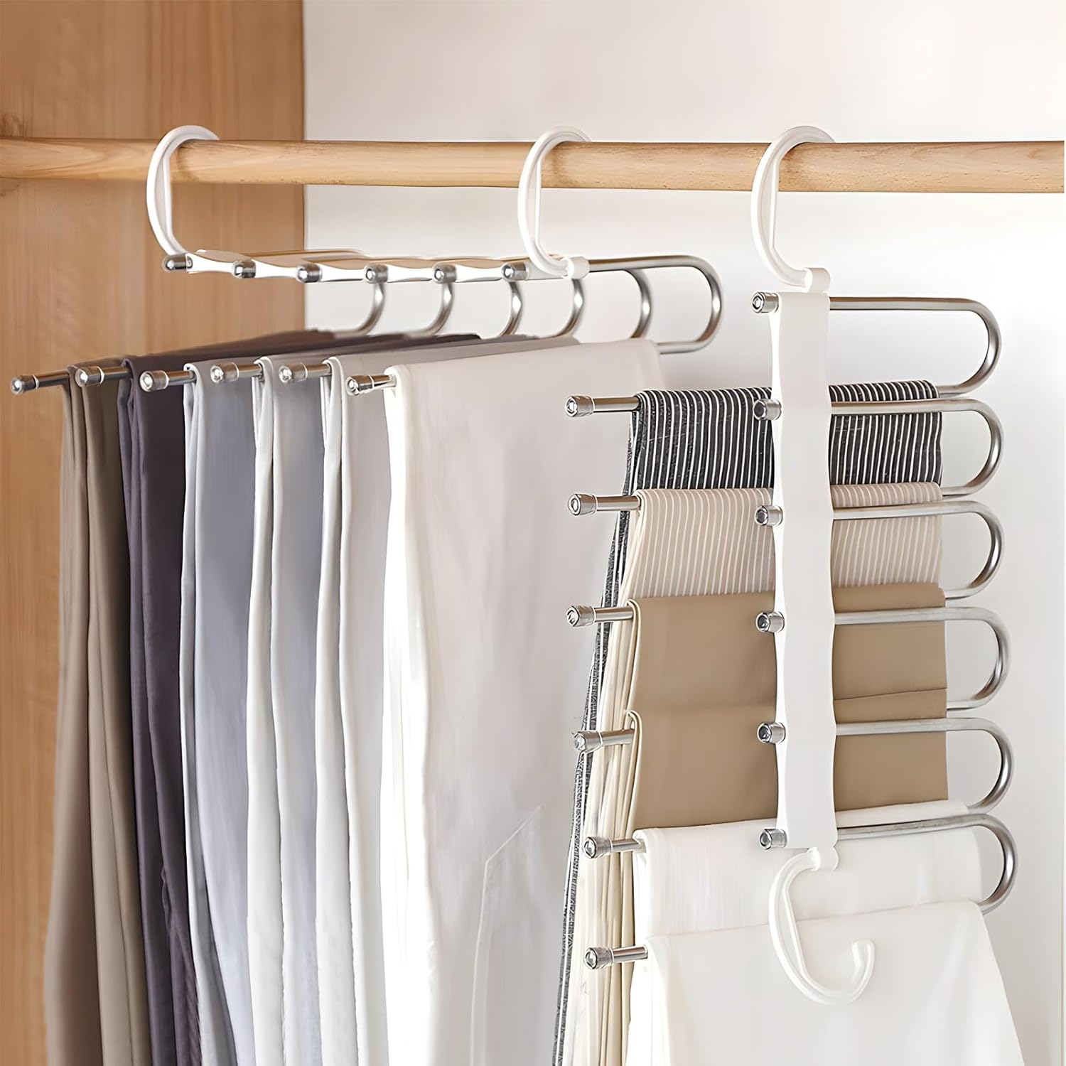 DAWNTREES 3 Pack 6 in 1 Pants Rack,Pants Hangers, Trouser Hanger,Adjustable,Non-Slip, Space Saving Multi-Functional Pants Rack
