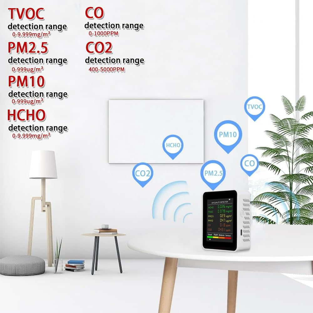 Air Quality Monitor Indoor, 6 in 1 Air Quality Tester, Air Quality Meters for CO2 HCHO AQI PM2.5 Temperature Humidity, Air Quality Detector for Greenhouse Production Warehouse Wine Cellars Home image number 2