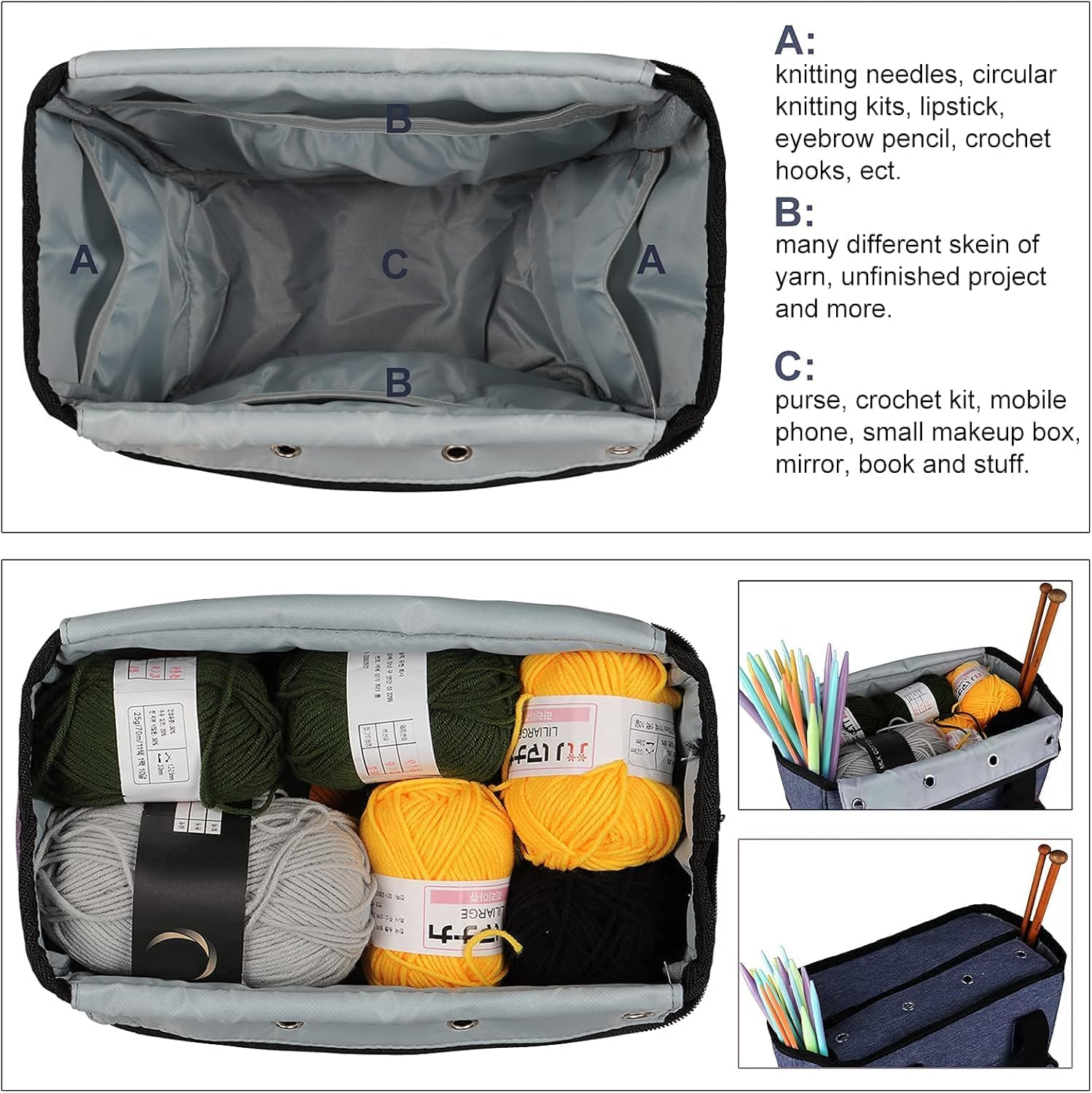 Knitting Bag Yarn Storage Organizer, Portable Knitting Tote Basket Yarn Bags for Crochet Hooks, Crocheting Kit, Knitting Needles, Yarn Balls, Project & Sewing Supplies (Navy) - Sky Blue image number 6