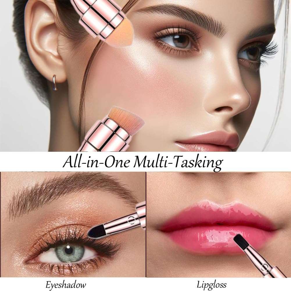 Bling Toman 4 in 1 Makeup Brush, Eyeshadow Eye Lip Face Concealing Blush Foundation Brush All in One Retractable Travel Size Makeup Brush Set (Rose Gold Brush) - Gold image number 6