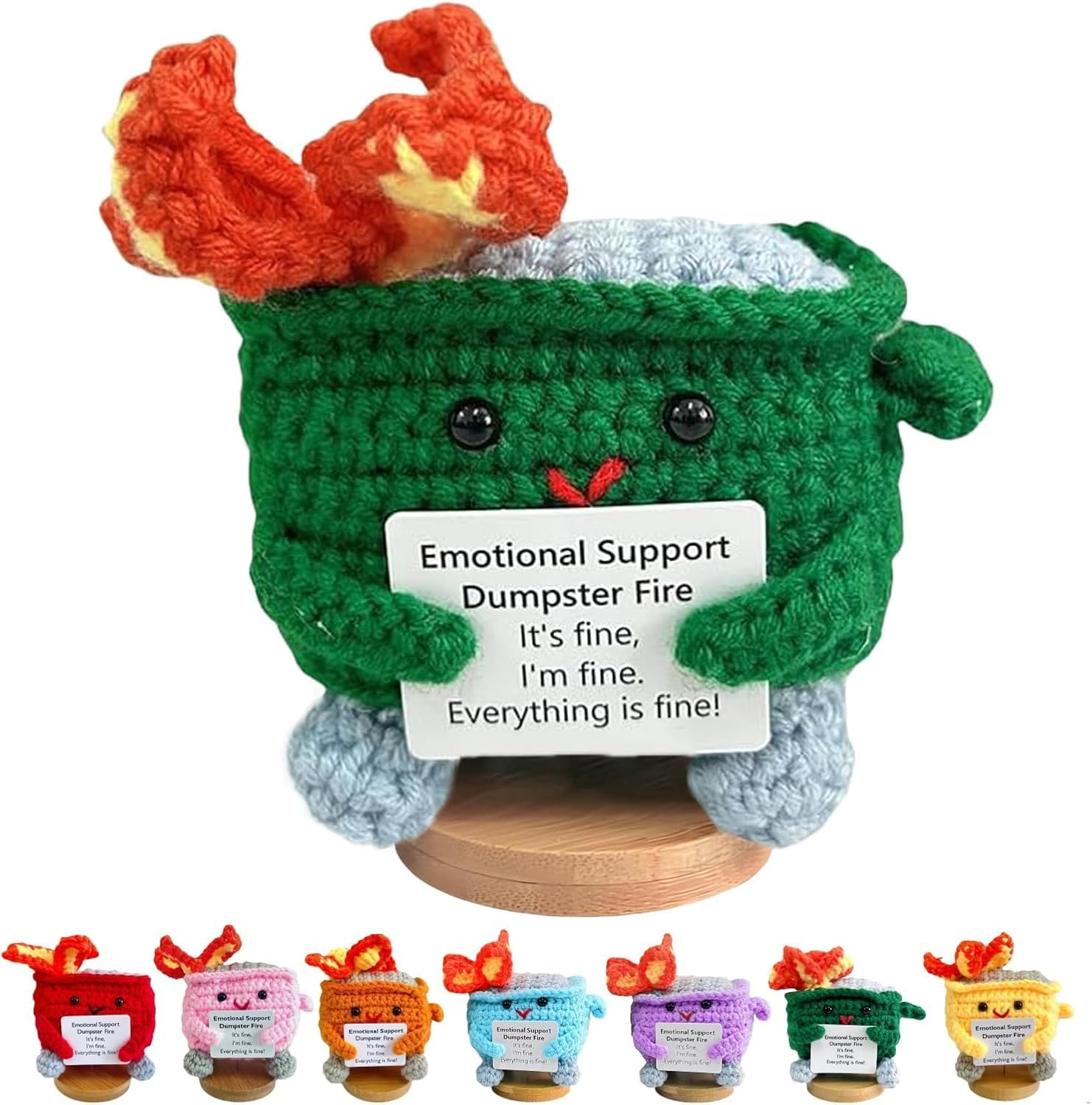 Emotional Support Dumpster- Handmade Crochet Dumpster Fire Doll, Christmas Dumpster Fire Knitting Toy Ornaments with Positive Card, Handmade Emotional Support Crochet Gift Desk Decor (Yellow)