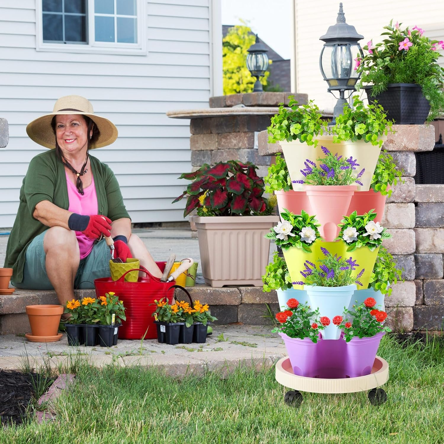 6 Tier Vertical Planter, Stackable Tower Planters, Strawberry Herb Flower and Vegetable Pots, Indoor Outdoor Gardening Pots with Removable Wheels and Vegetables Multicolor, Garden Planters (6PCS) image number 5