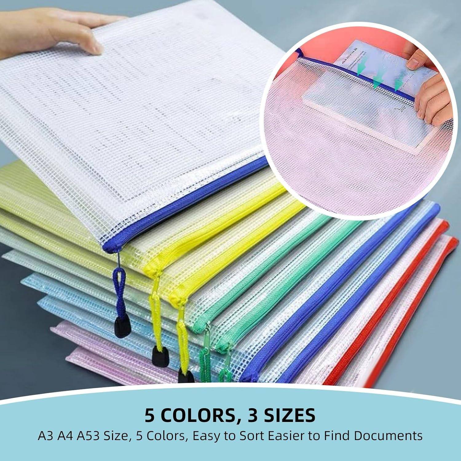 30 Mesh Zipper Bags, 3 Sizes, 5 Colors, Waterproof Plastic Zipper Bags for Office, School, Game File Storage image number 2