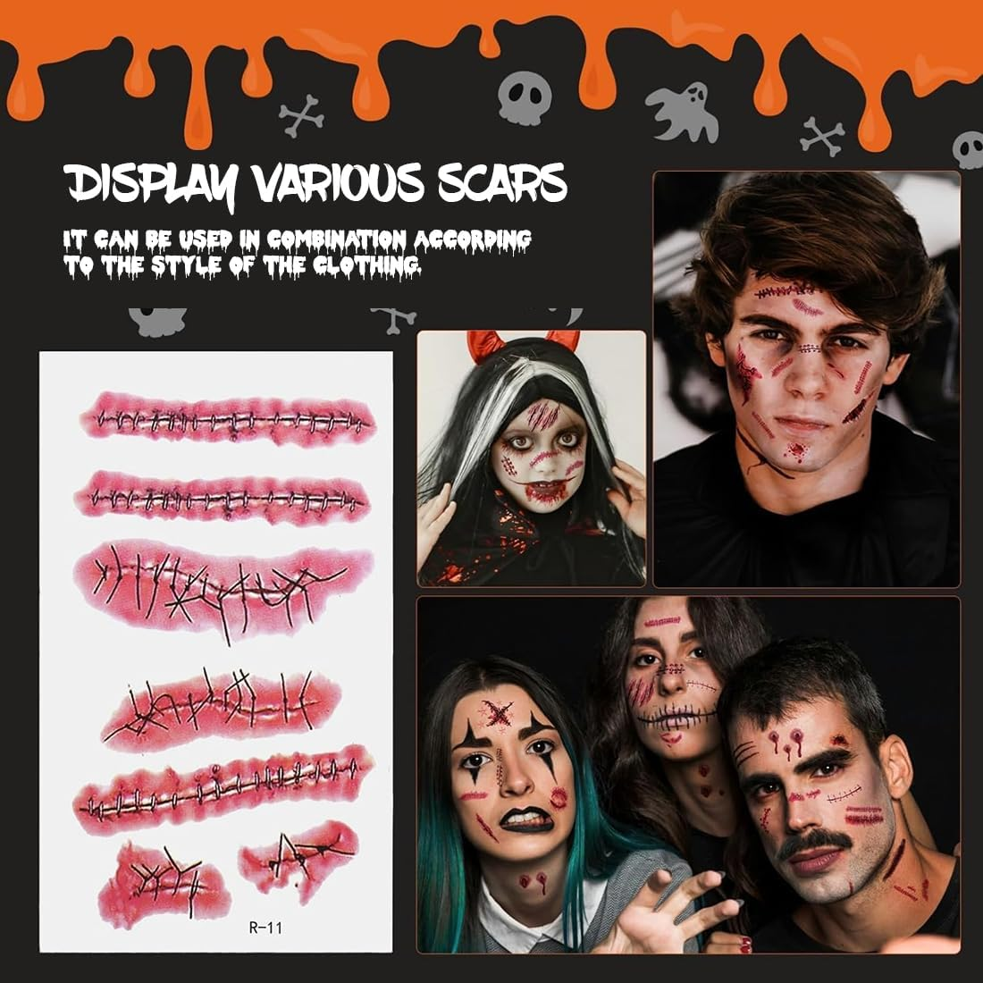 Halloween Tattoo Scars, 60 Sheets Tattoo Wounds Face Scars Realistic Motifs, Vampire Costume Women'S Make-Up Accessories, Halloween Fake Wounds Sticking for Carnival Halloween Make-Up image number 5