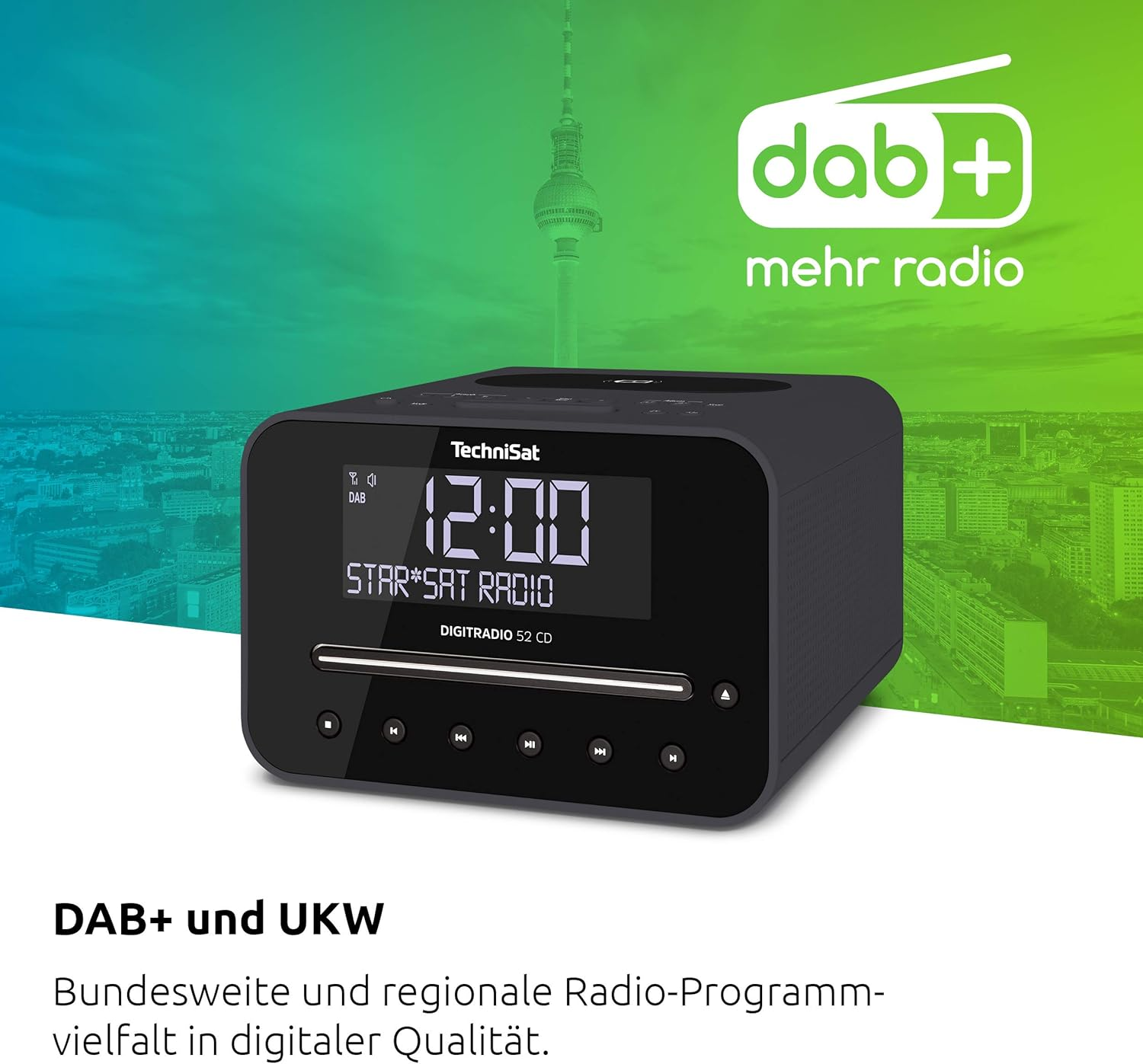 Technisat DIGITRADIO 52 CD Stereo DAB Radio Alarm Clock with Two Adjustable Alarm Times (DAB+, FM, Snooze, Sleep Timer, Dimmable Display, Bluetooth, Wireless Charging Function, CD Player) Black image number 2